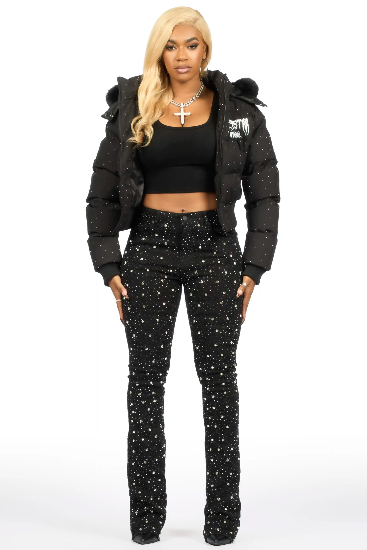 Gabrielle Black Rhinestone Puffer Jacket With Fur Hood