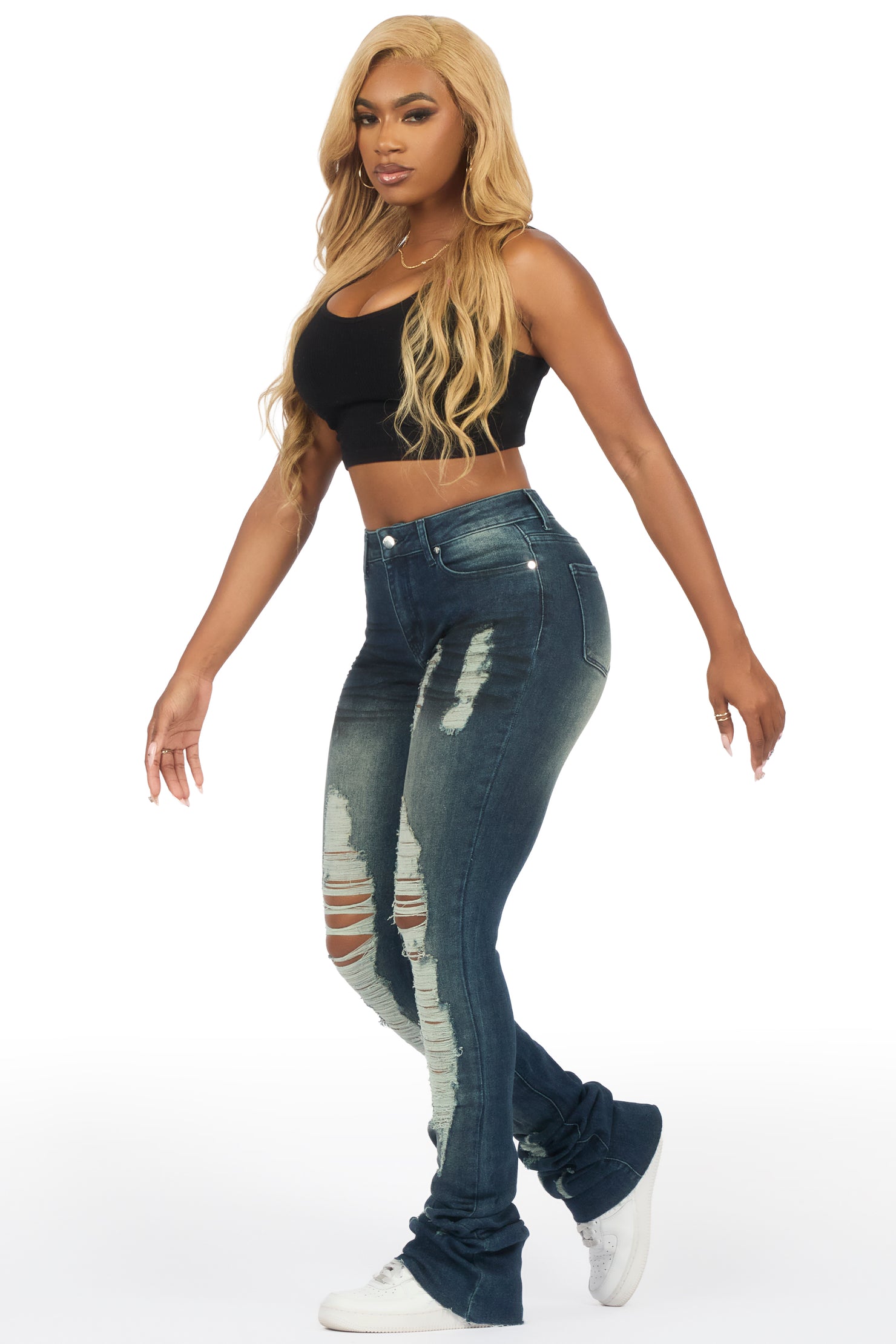 Got A Crush Dark Wash Distressed Super Stacked Jean