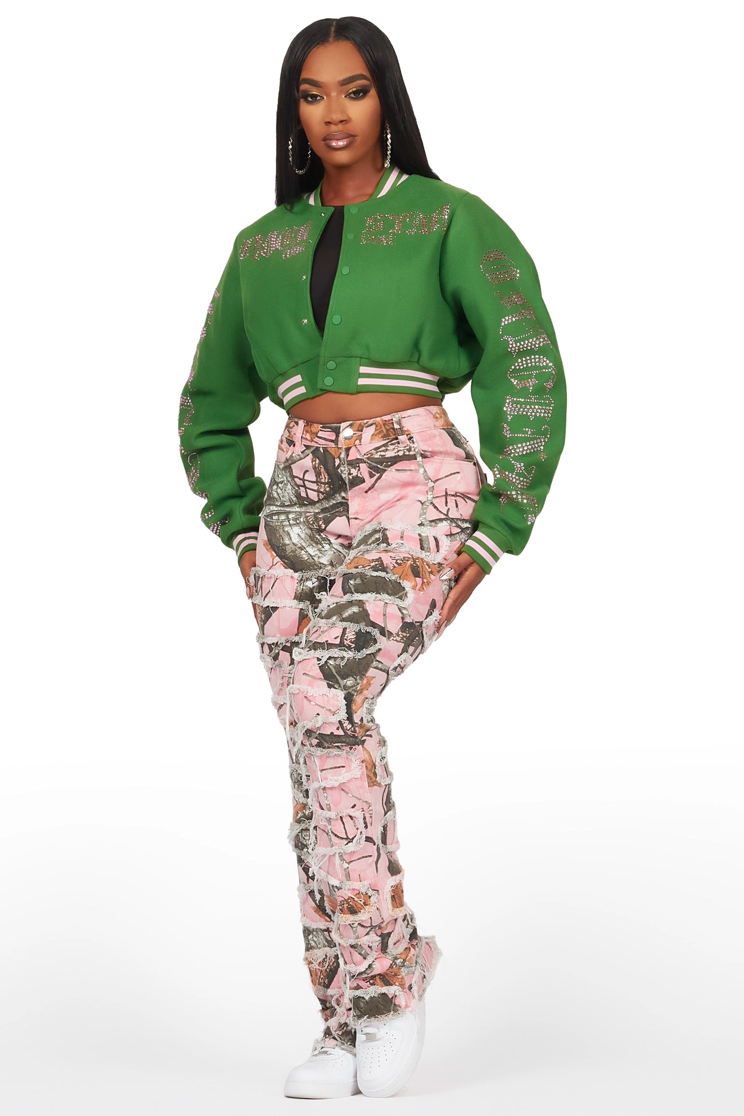 Gianni Green Crop Rhinestone Varsity Jacket