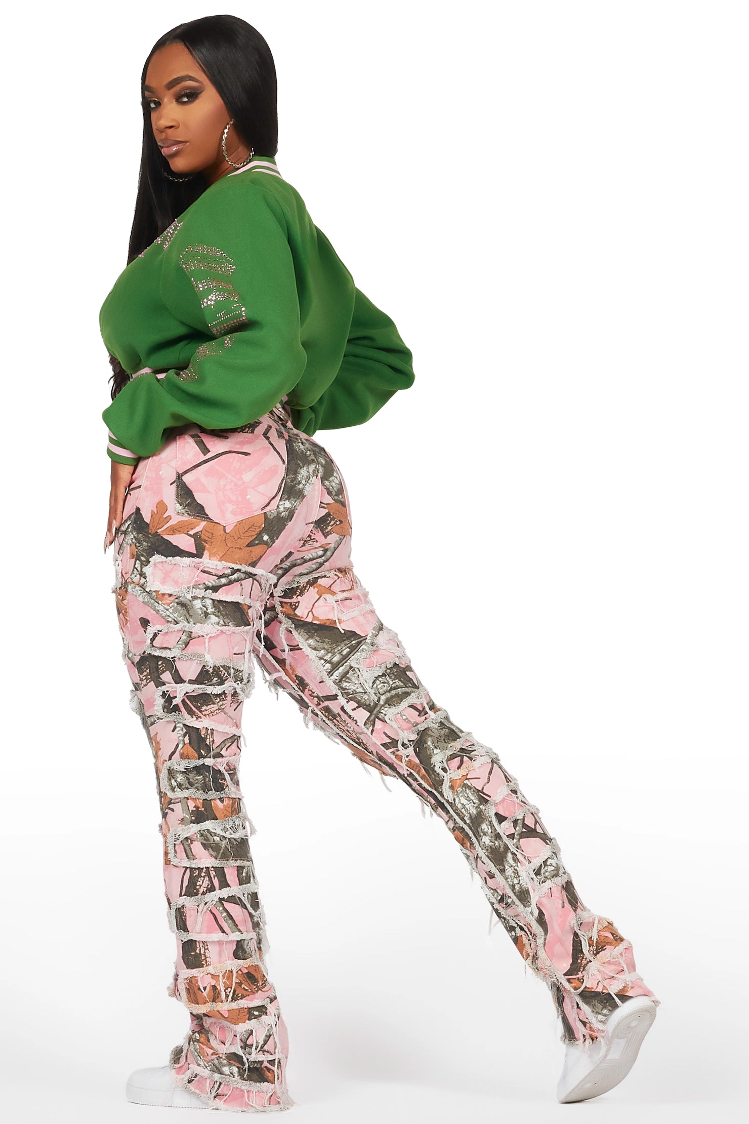 Gianni Green Crop Rhinestone Varsity Jacket