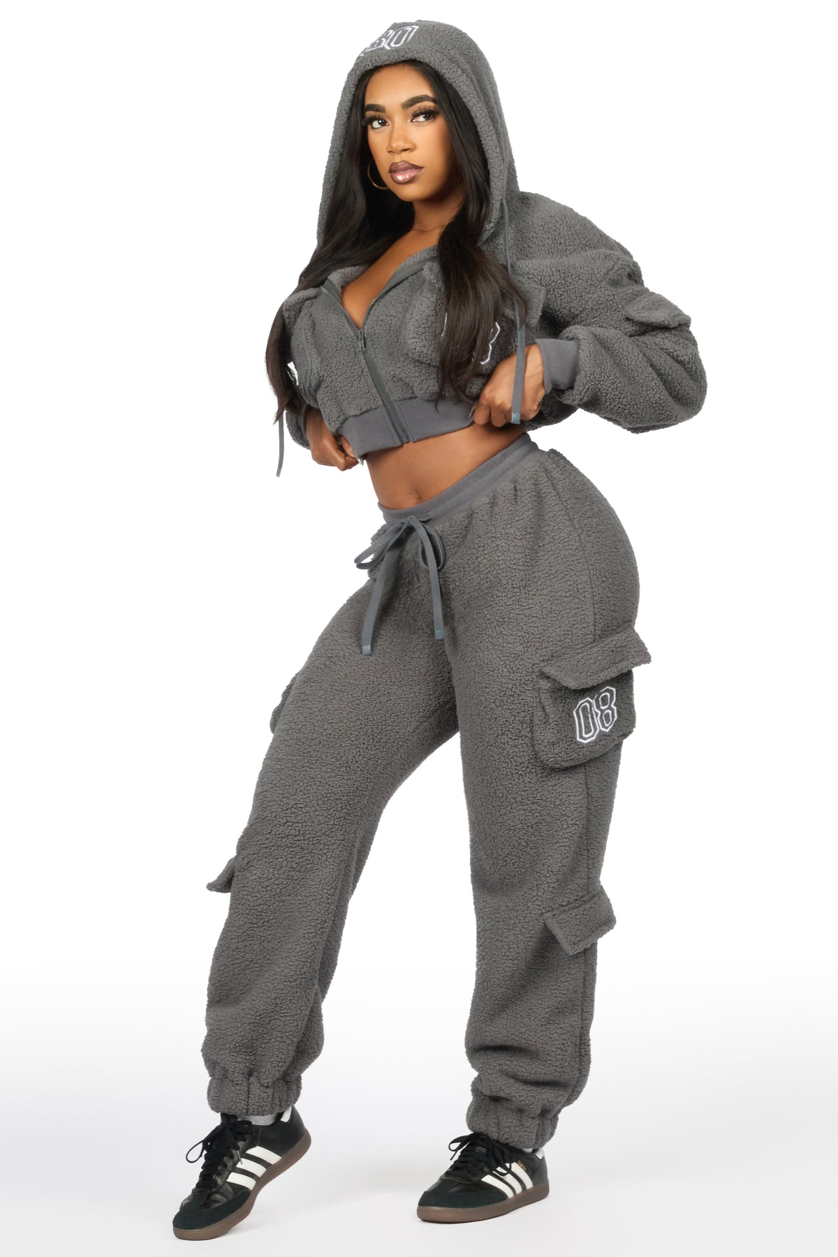 Renea Grey Sherpa Cargo Baggy Fit Track Set
