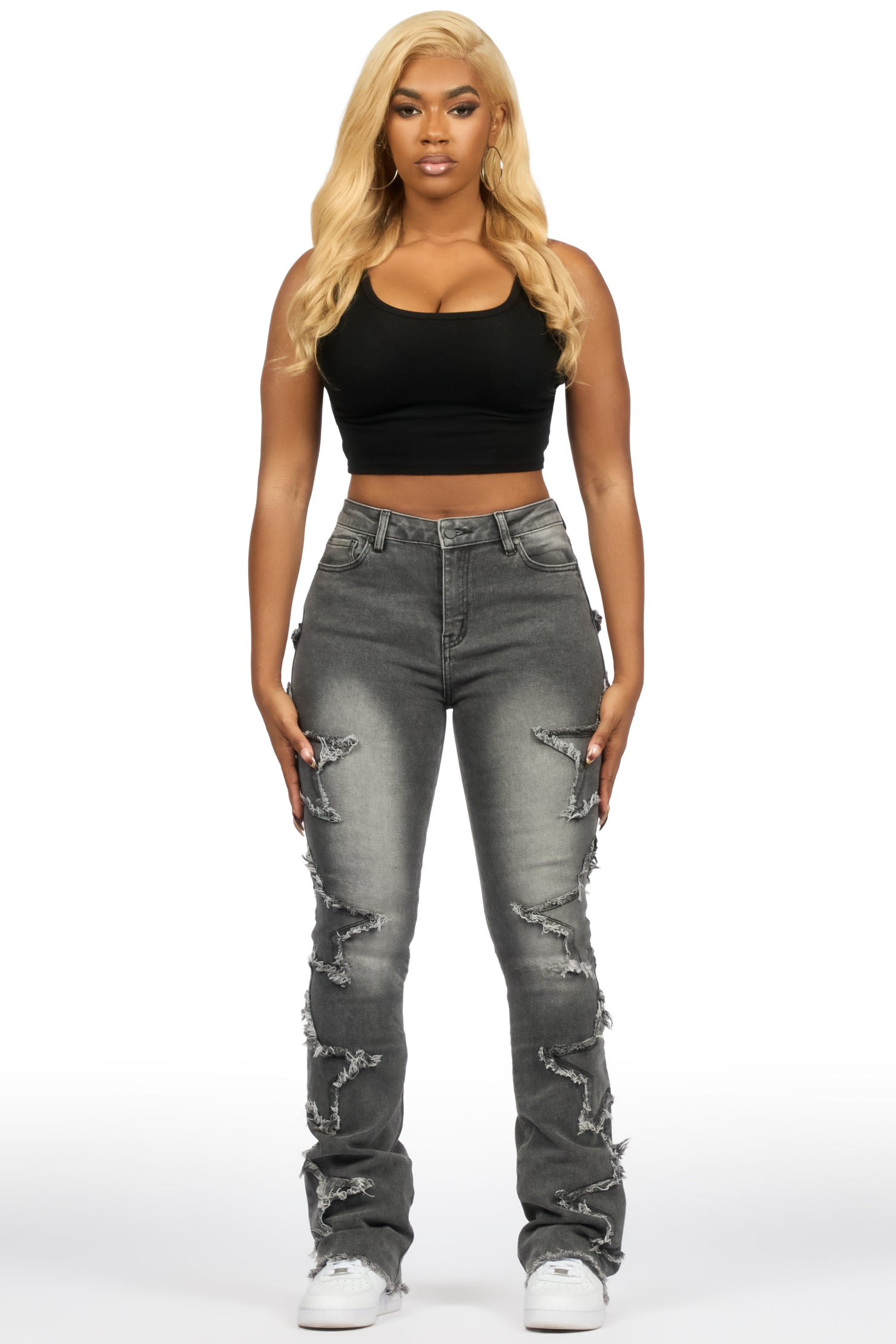 Sinayah Grey Wash Stacked Flare Jean