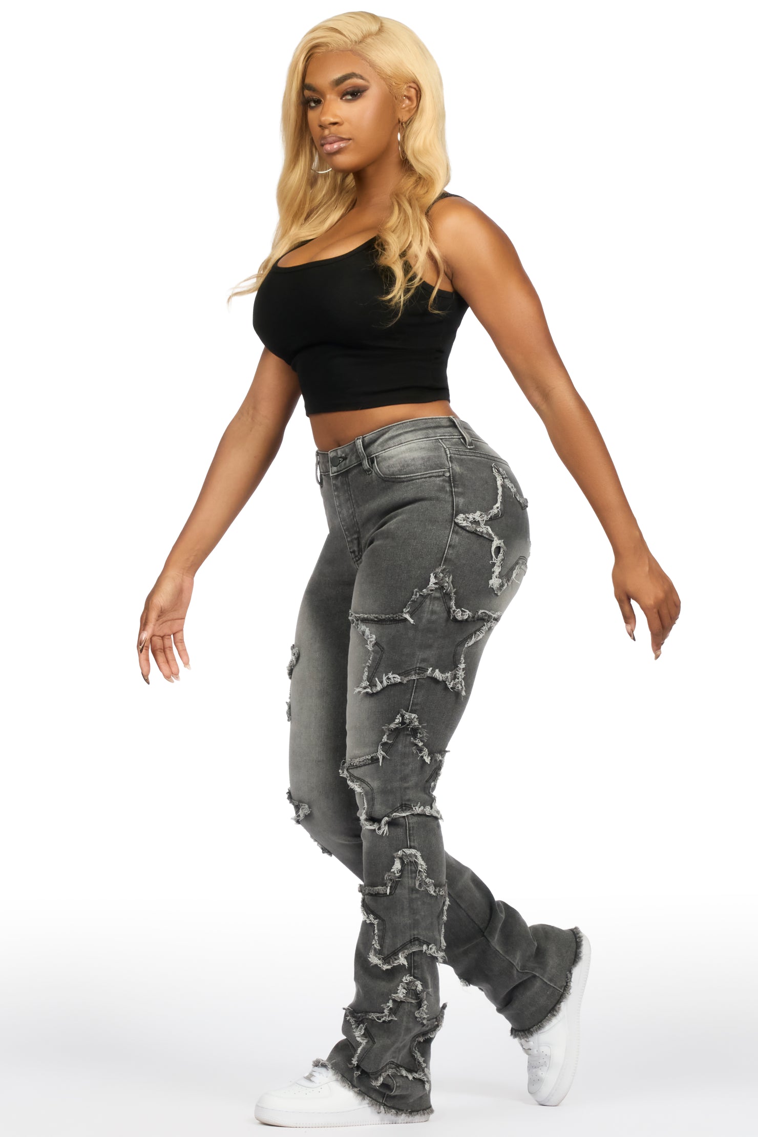 Sinayah Grey Wash Stacked Flare Jean