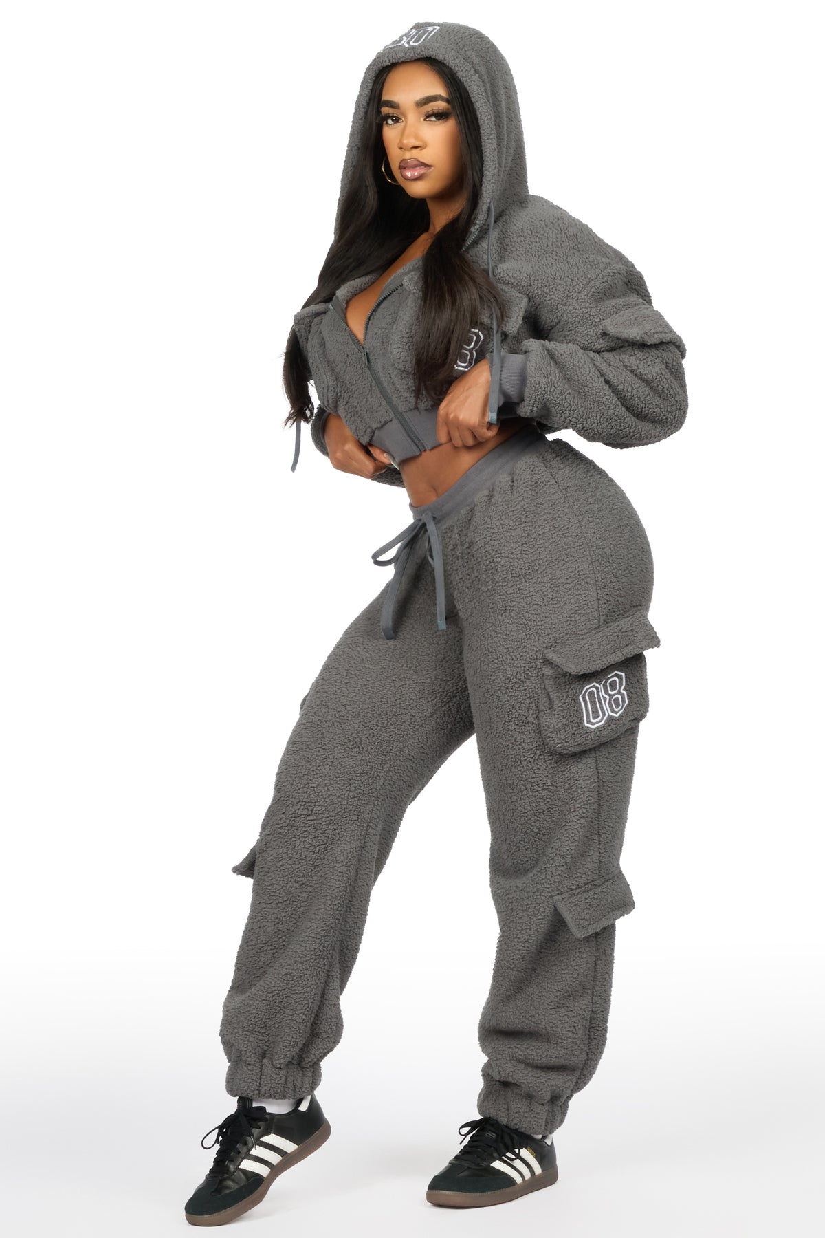 Renea Grey Sherpa Cargo Baggy Fit Track Set