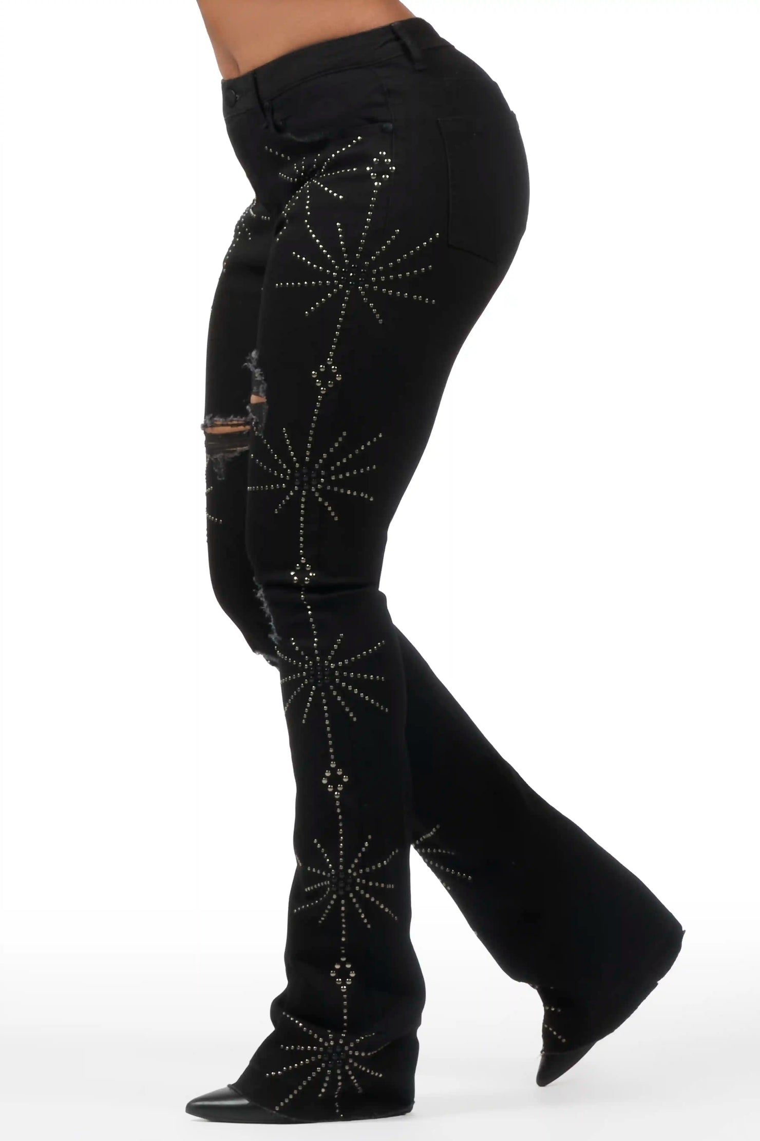 Ikia Black Studded Stacked Flare Jean