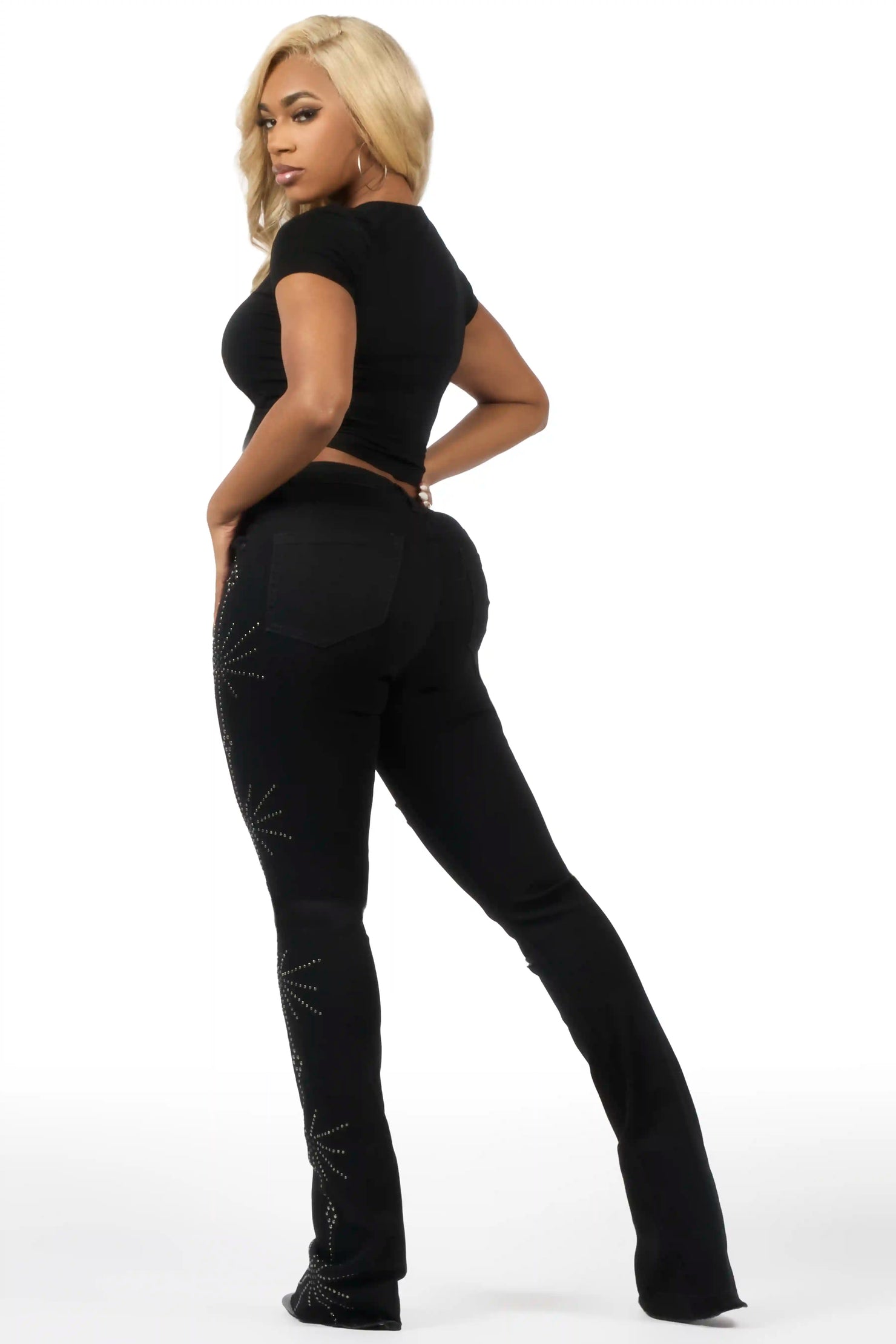 Ikia Black Studded Stacked Flare Jean