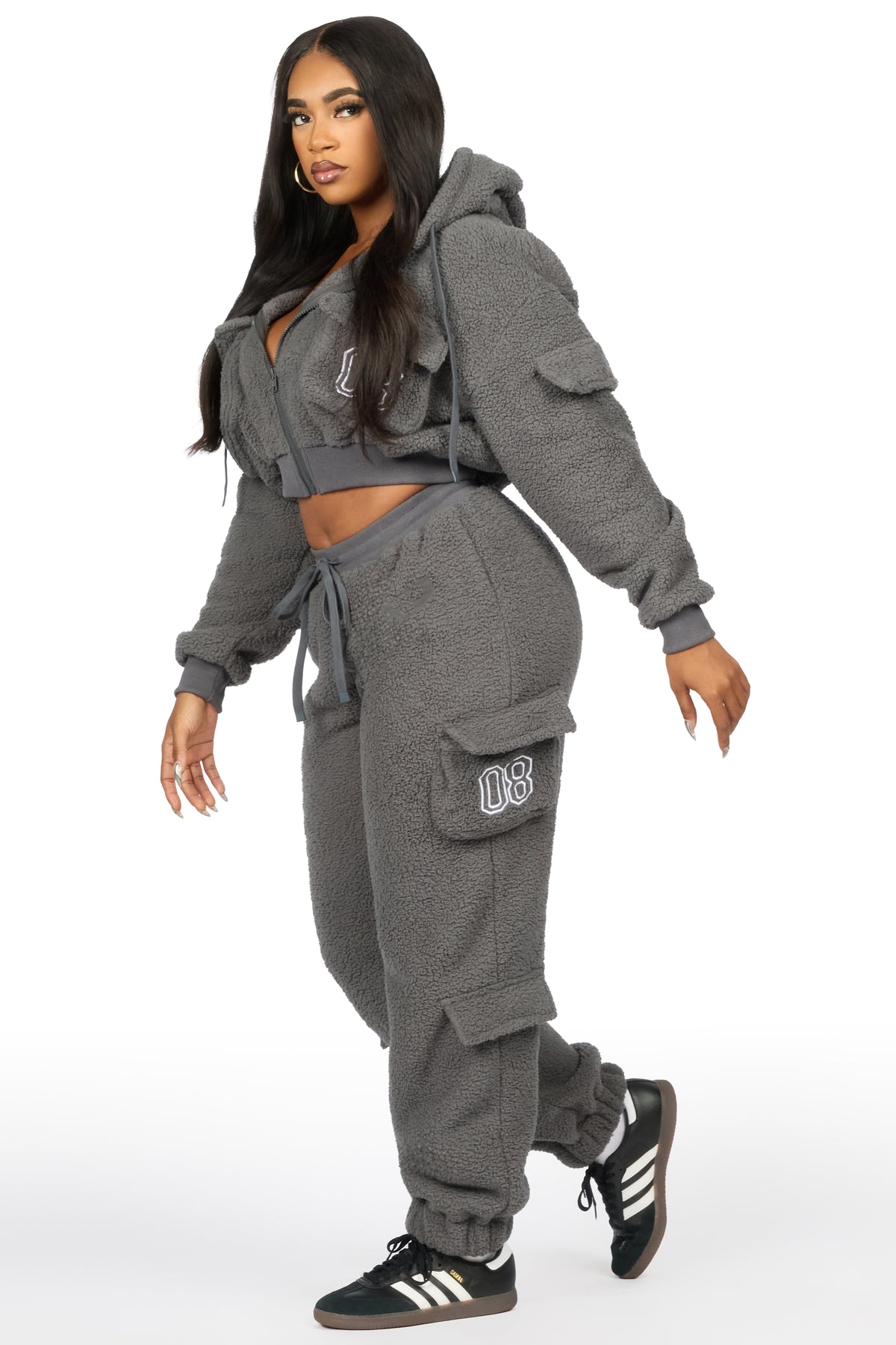 Renea Grey Sherpa Cargo Baggy Fit Track Set