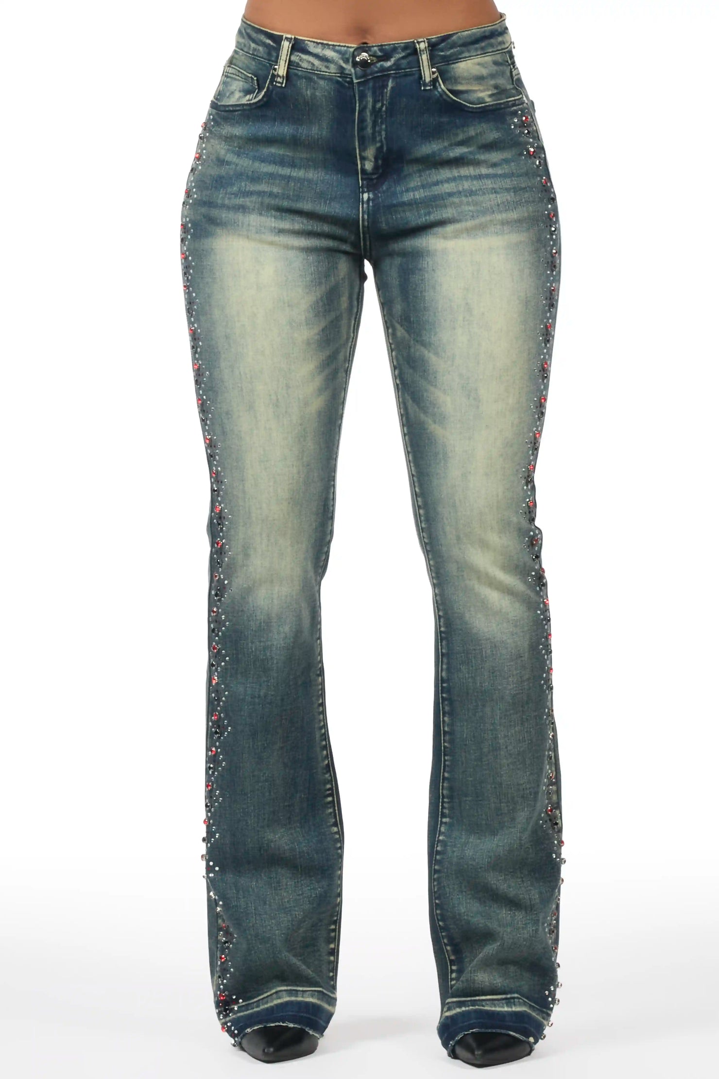 Gria Tinted Wash Rhinestone Stacked Flare Jean