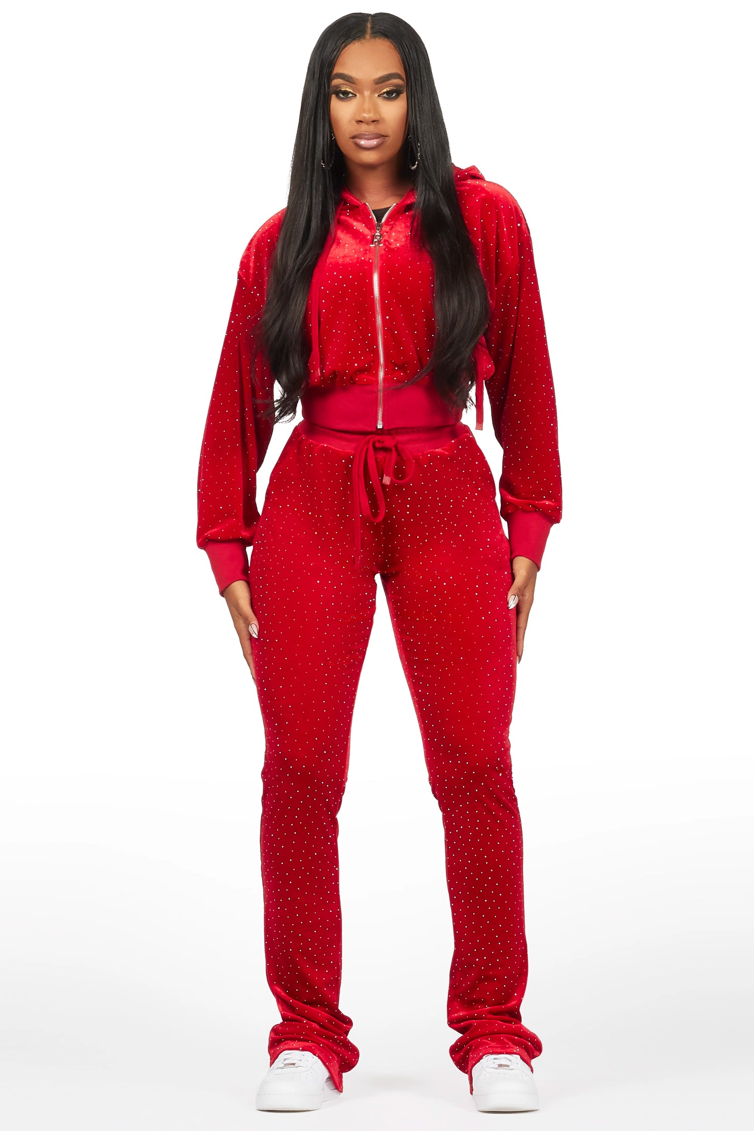 Khalilah Red Rhinestone Velour Stacked Trackset