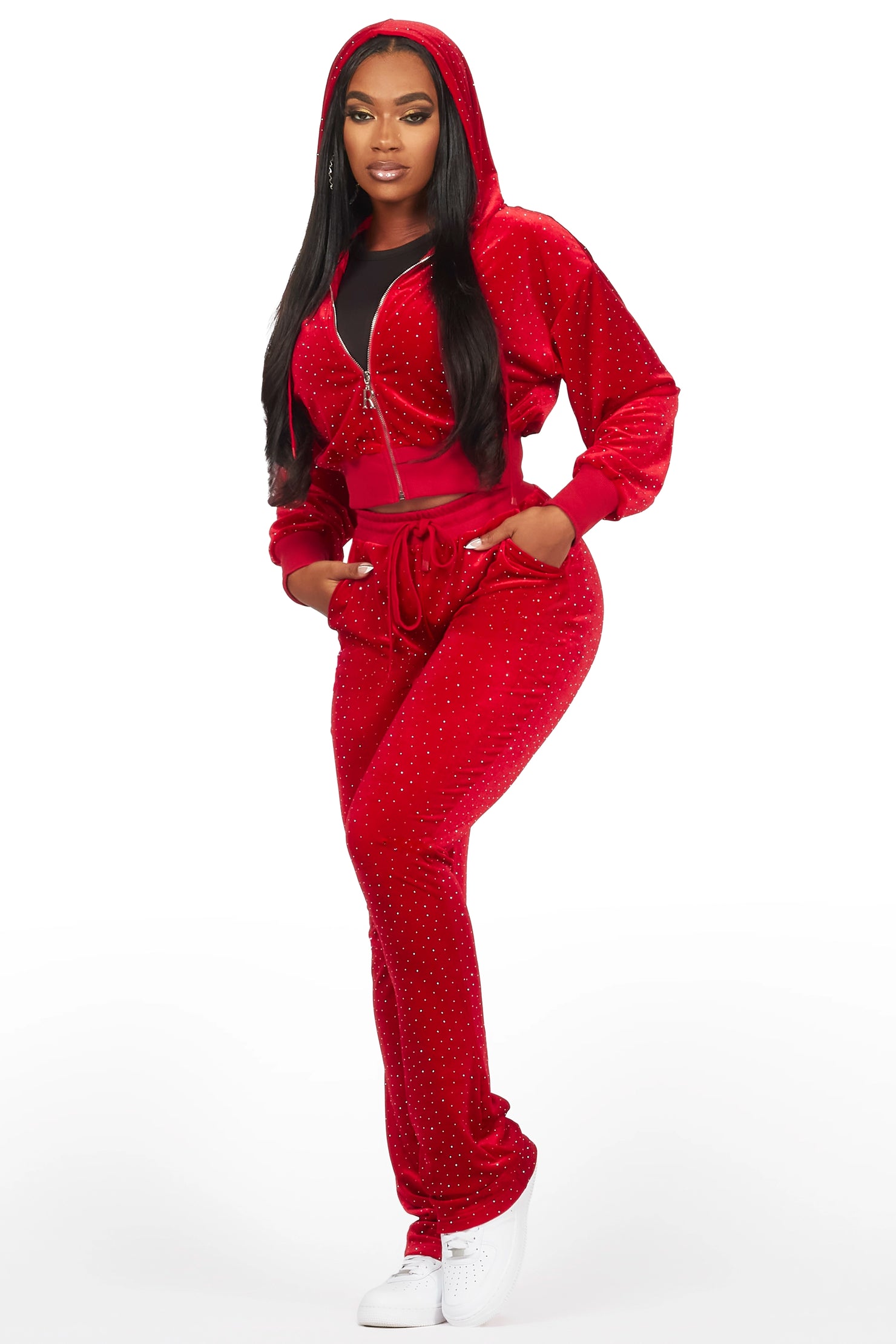 Khalilah Red Rhinestone Velour Stacked Trackset
