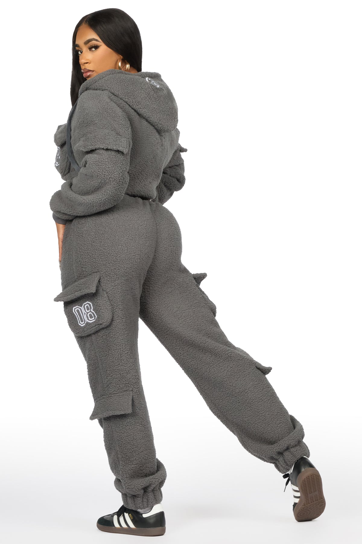 Renea Grey Sherpa Cargo Baggy Fit Track Set