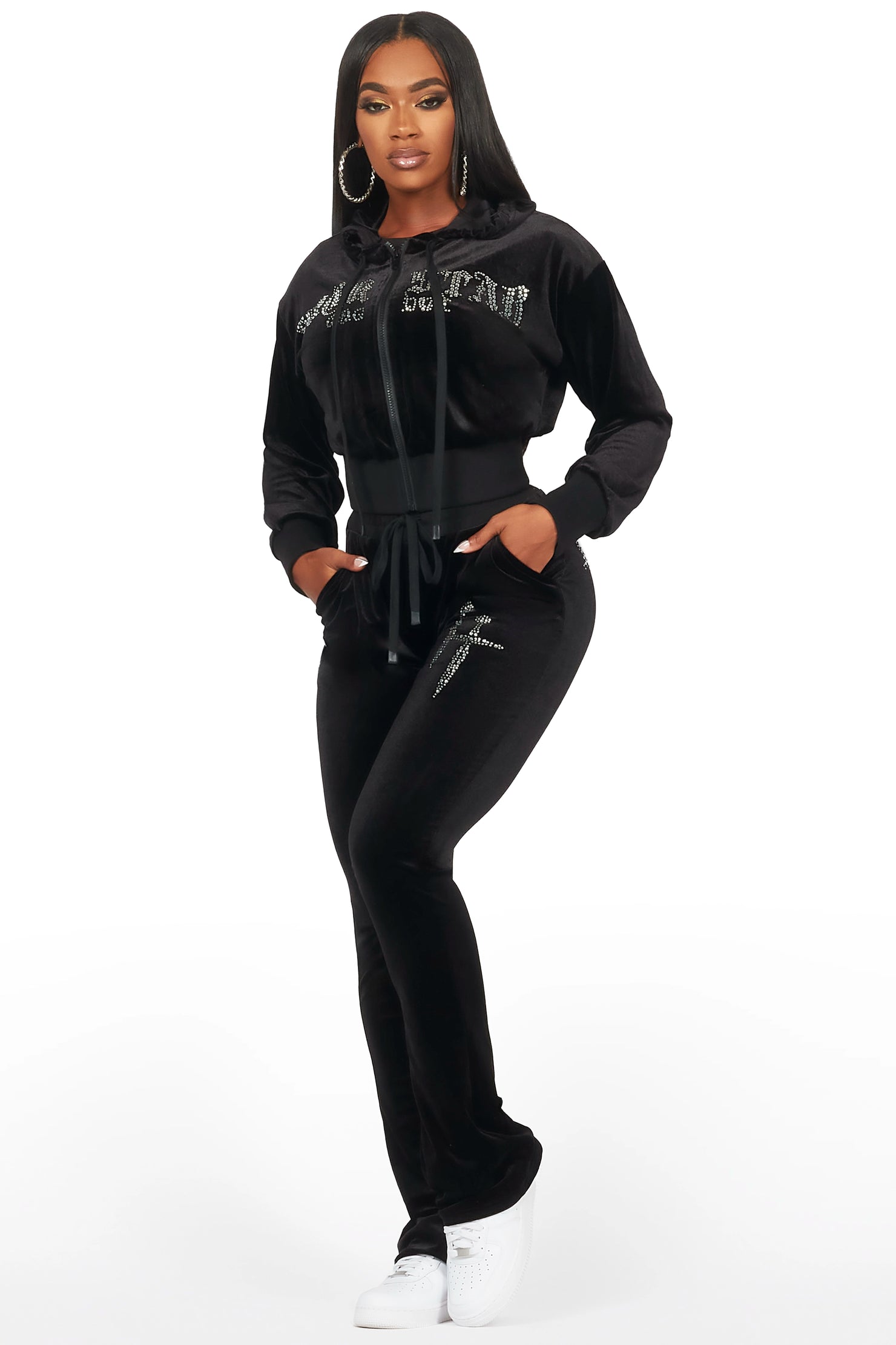 Atalaya Black Stacked Rhinestone Velour Trackset
