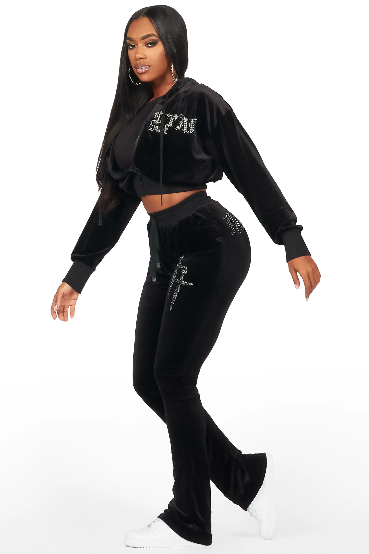 Atalaya Black Stacked Rhinestone Velour Trackset