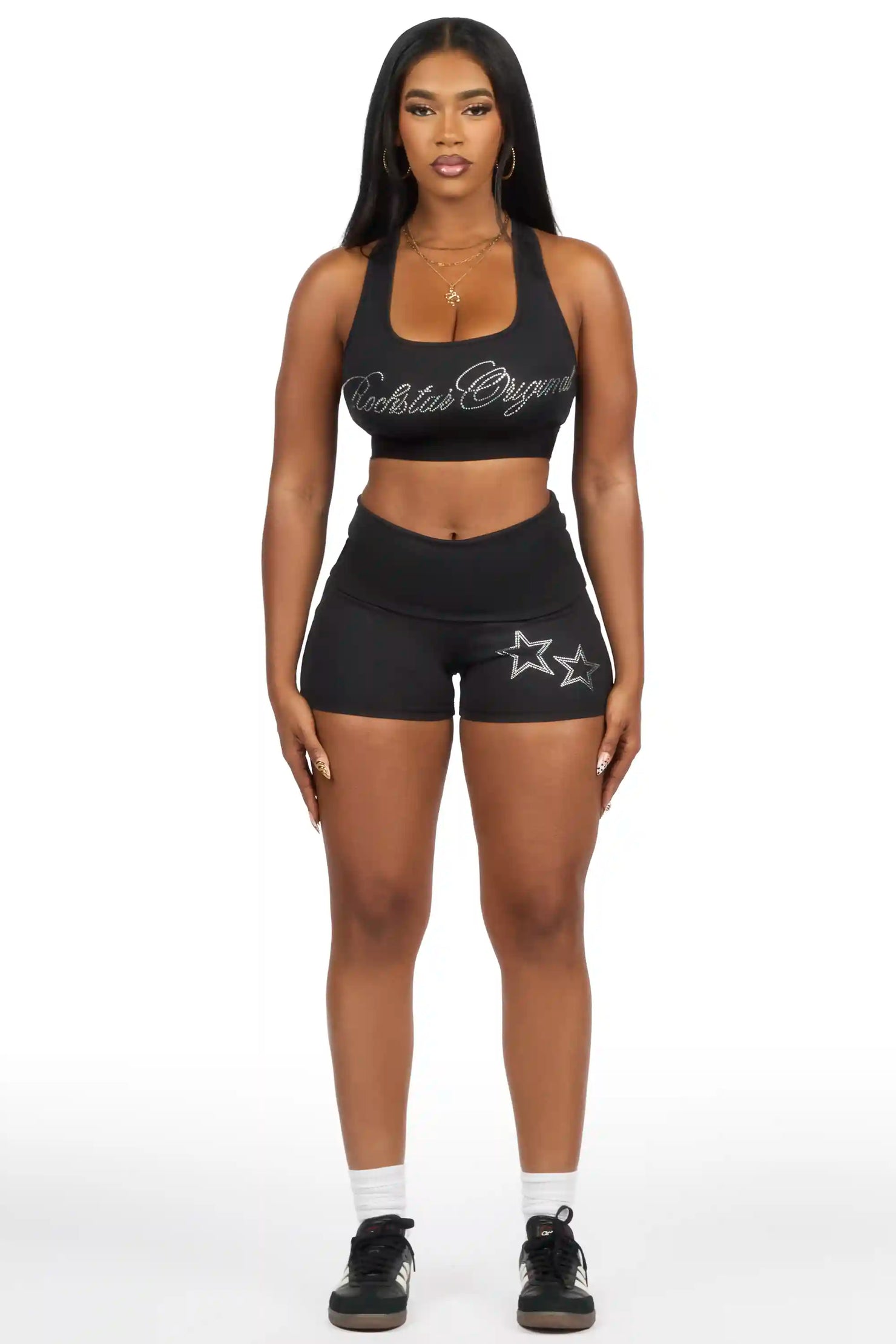 Arieona Black Rhinestone Sports Bra Foldover Short Set