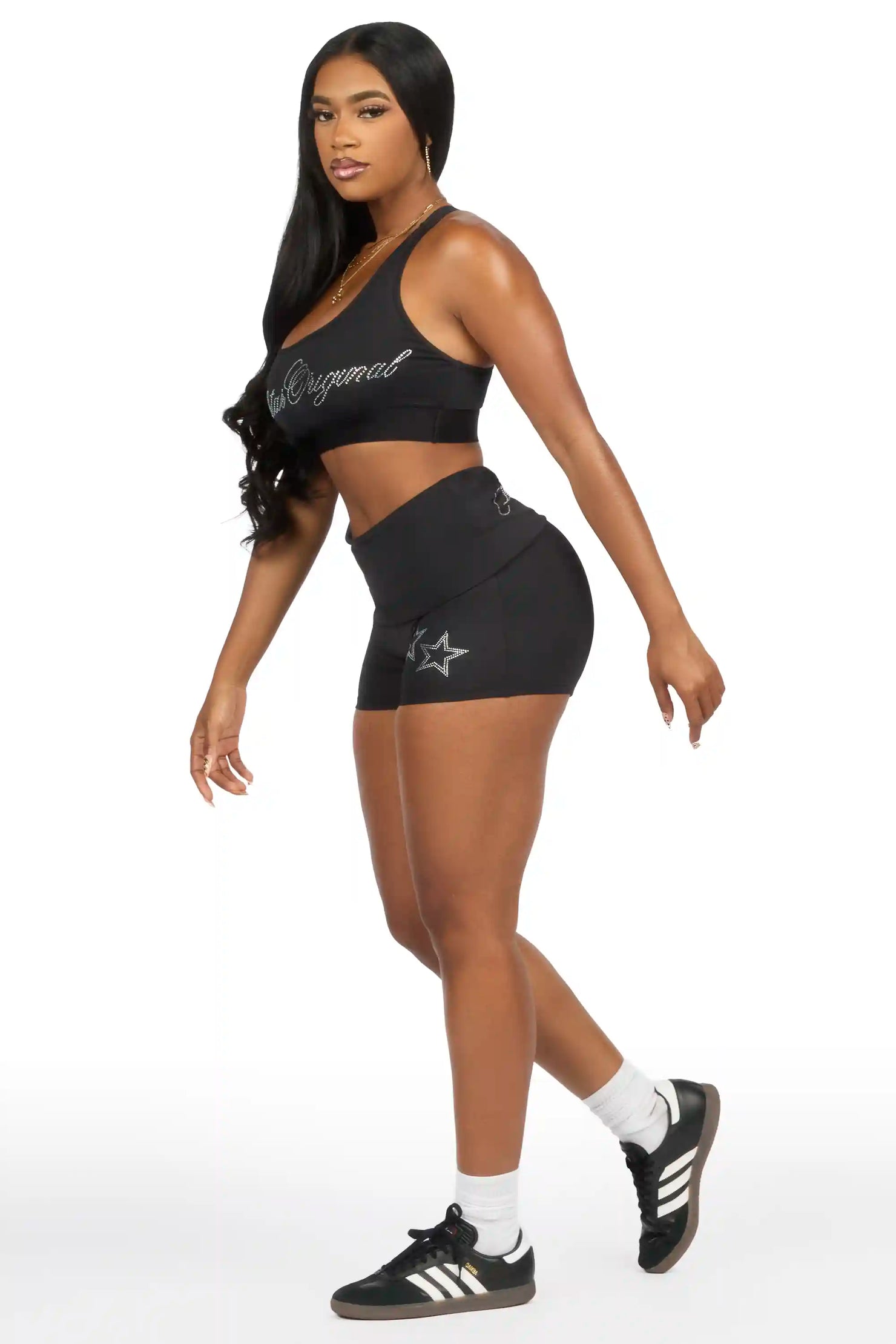 Arieona Black Rhinestone Sports Bra Foldover Short Set