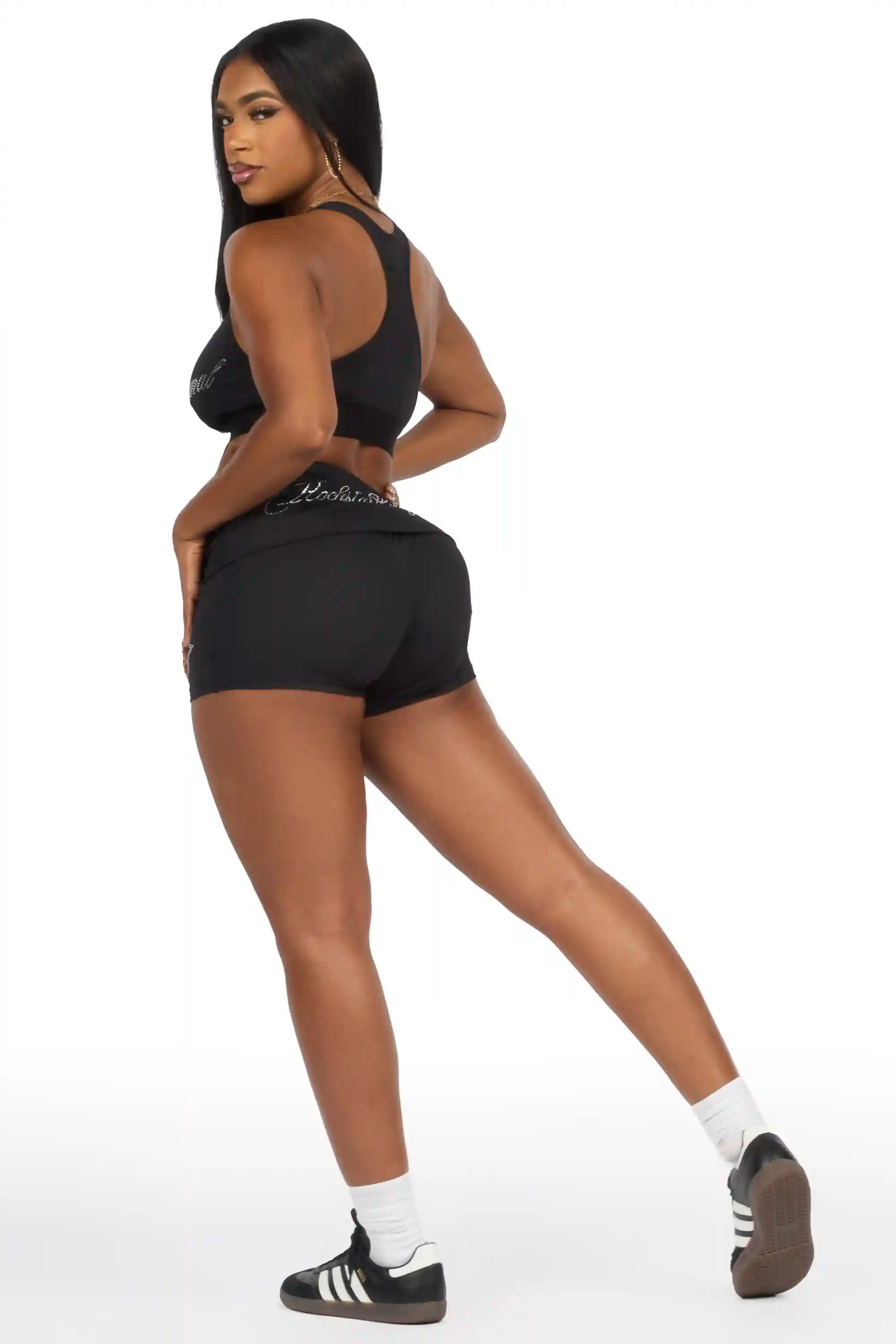 Arieona Black Rhinestone Sports Bra Foldover Short Set