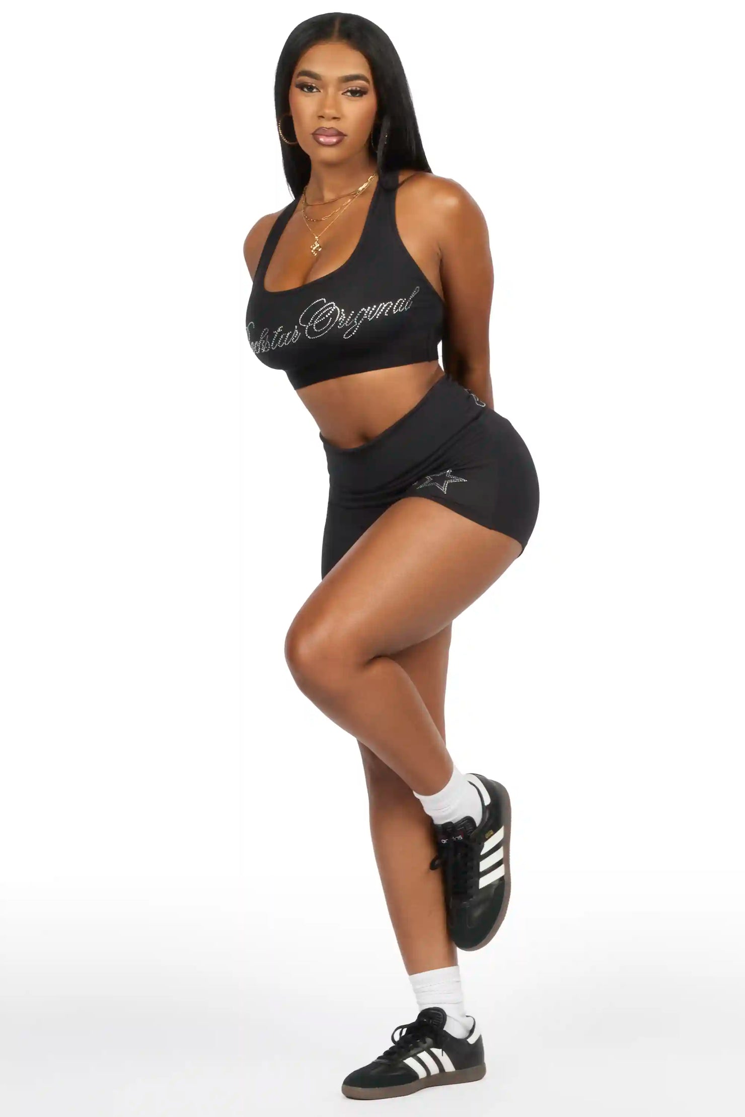 Arieona Black Rhinestone Sports Bra Foldover Short Set