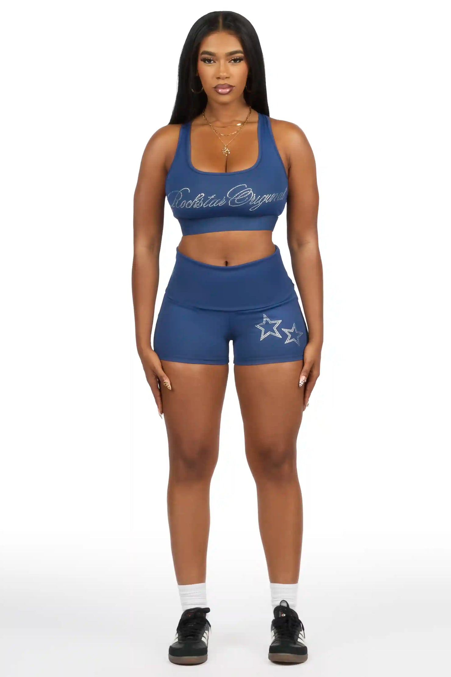 Arieona Navy Rhinestone Sports Bra Foldover Short Set