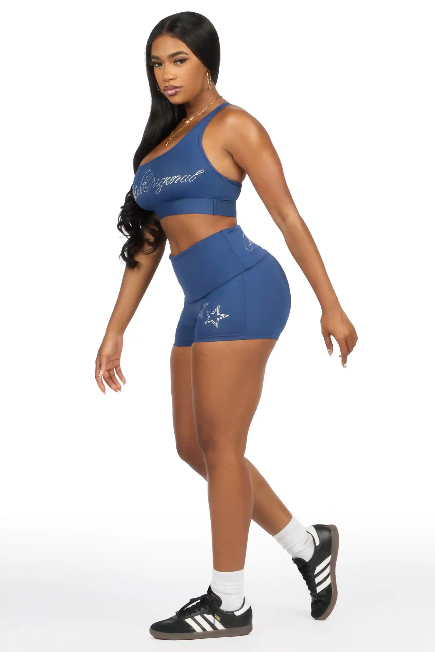 Arieona Navy Rhinestone Sports Bra Foldover Short Set