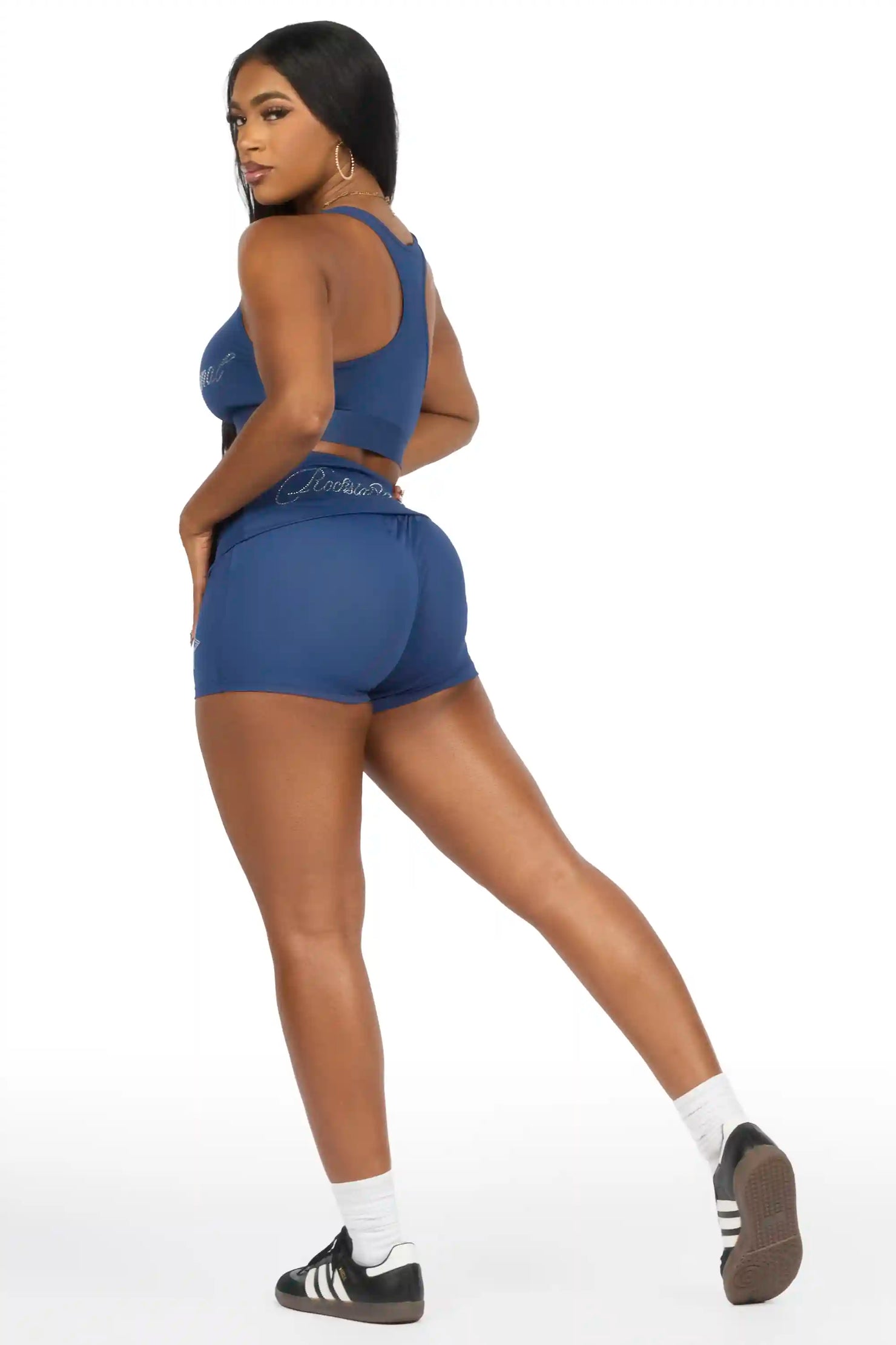 Arieona Navy Rhinestone Sports Bra Foldover Short Set