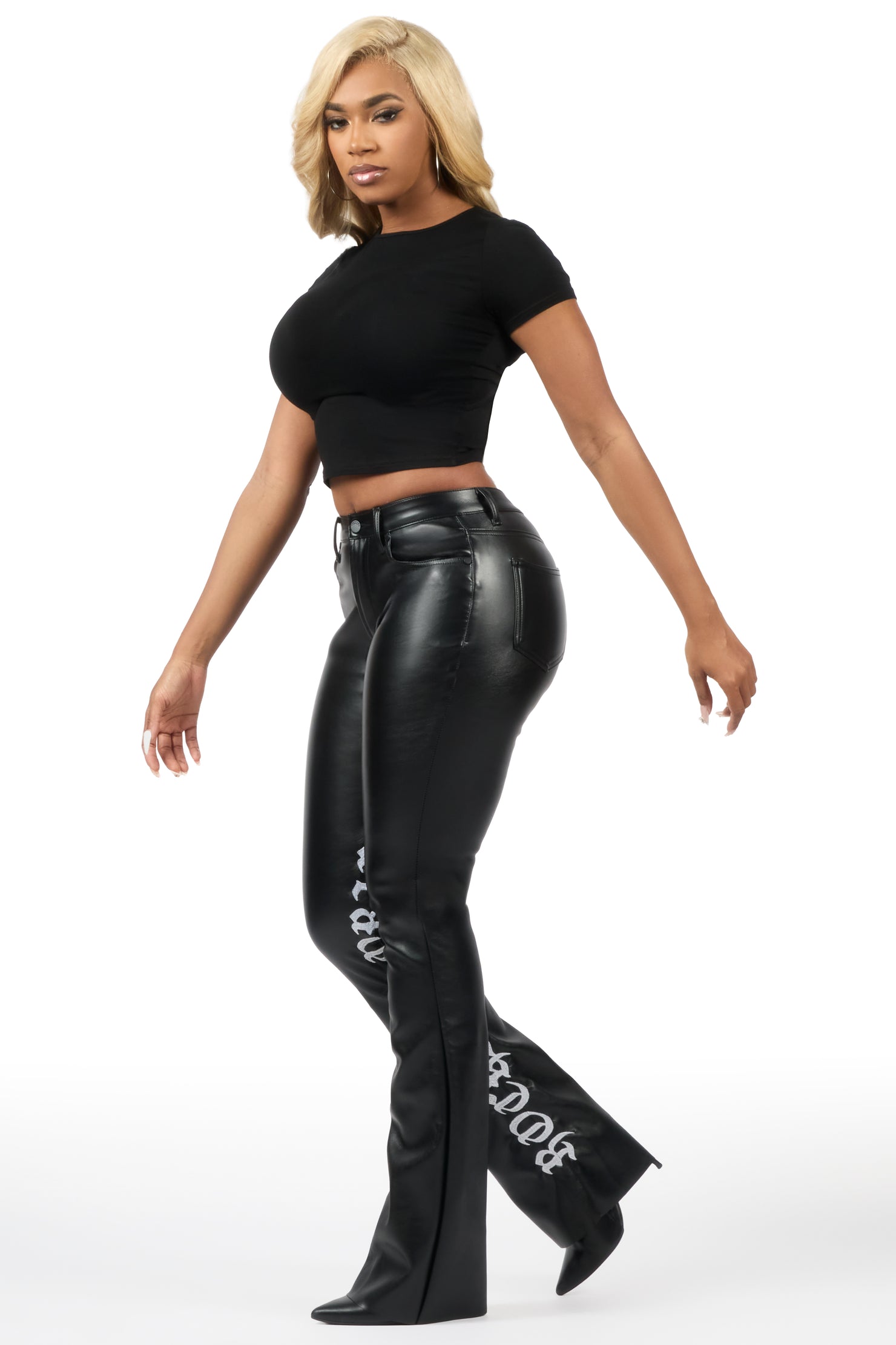 Jeericah Black PU Stacked Flare Pant