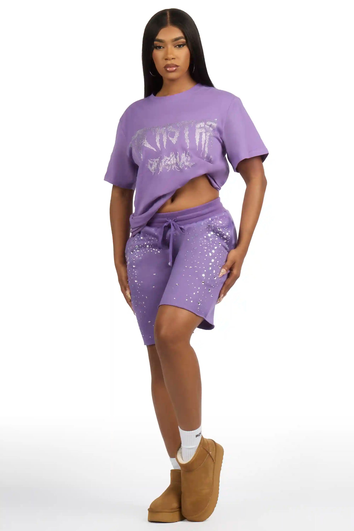 Porsha Purple Rhinestone T-Shirt Short Set