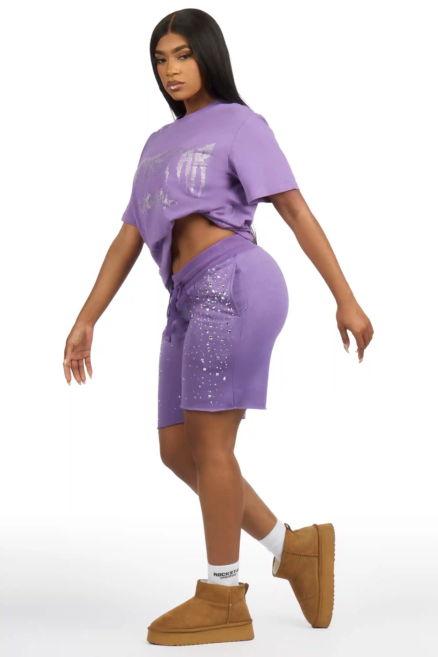 Porsha Purple Rhinestone T-Shirt Short Set