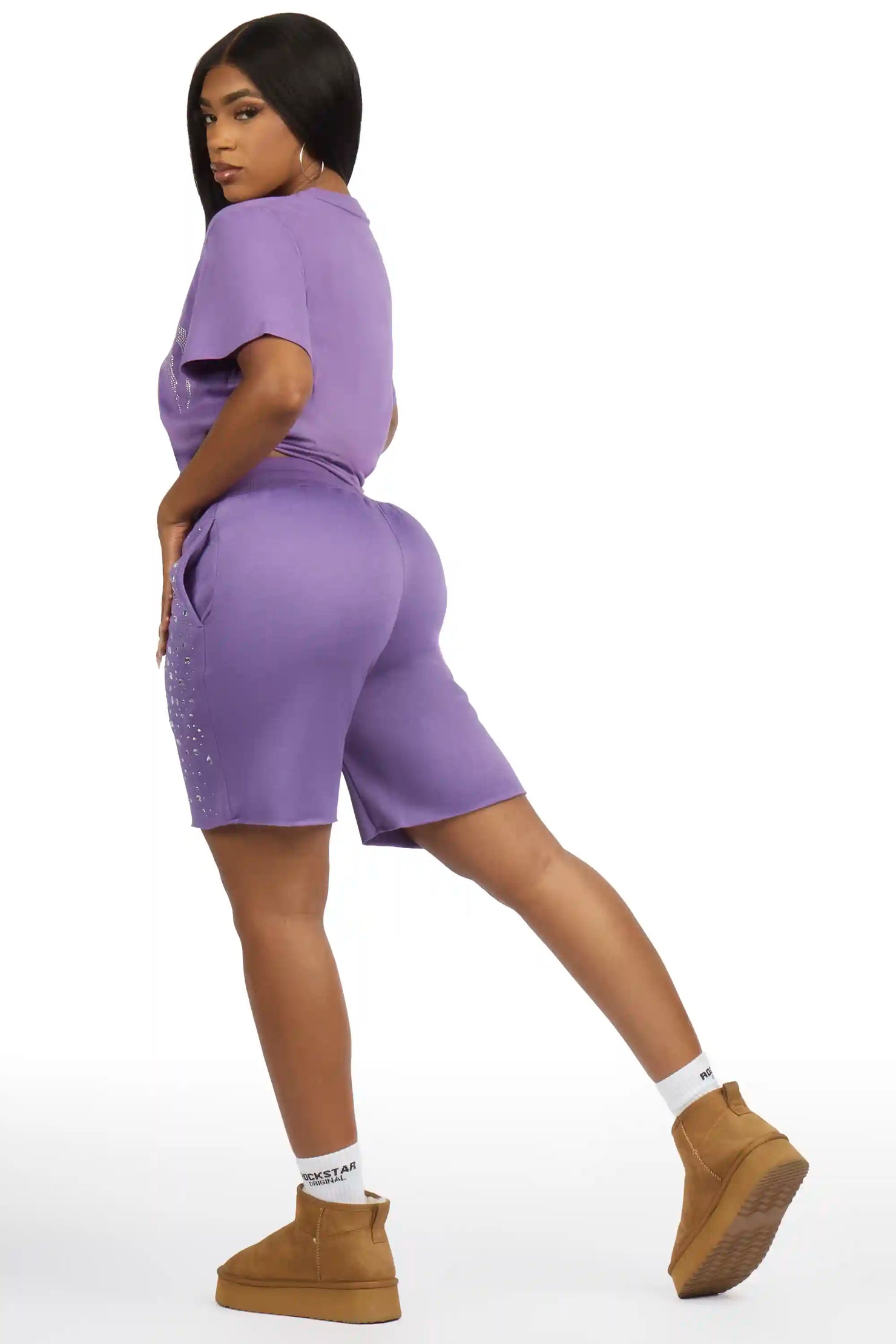 Porsha Purple Rhinestone T-Shirt Short Set