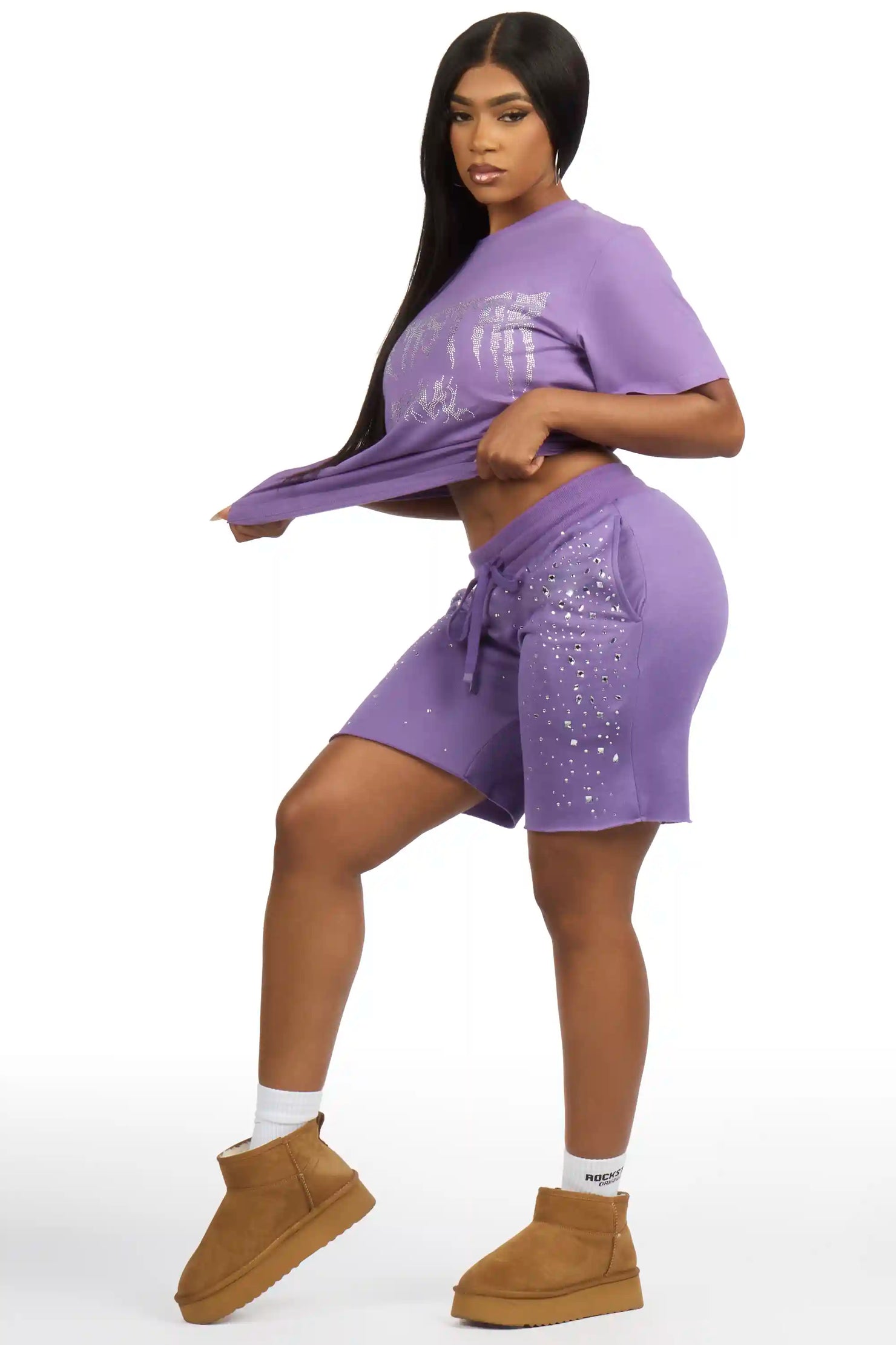 Porsha Purple Rhinestone T-Shirt Short Set