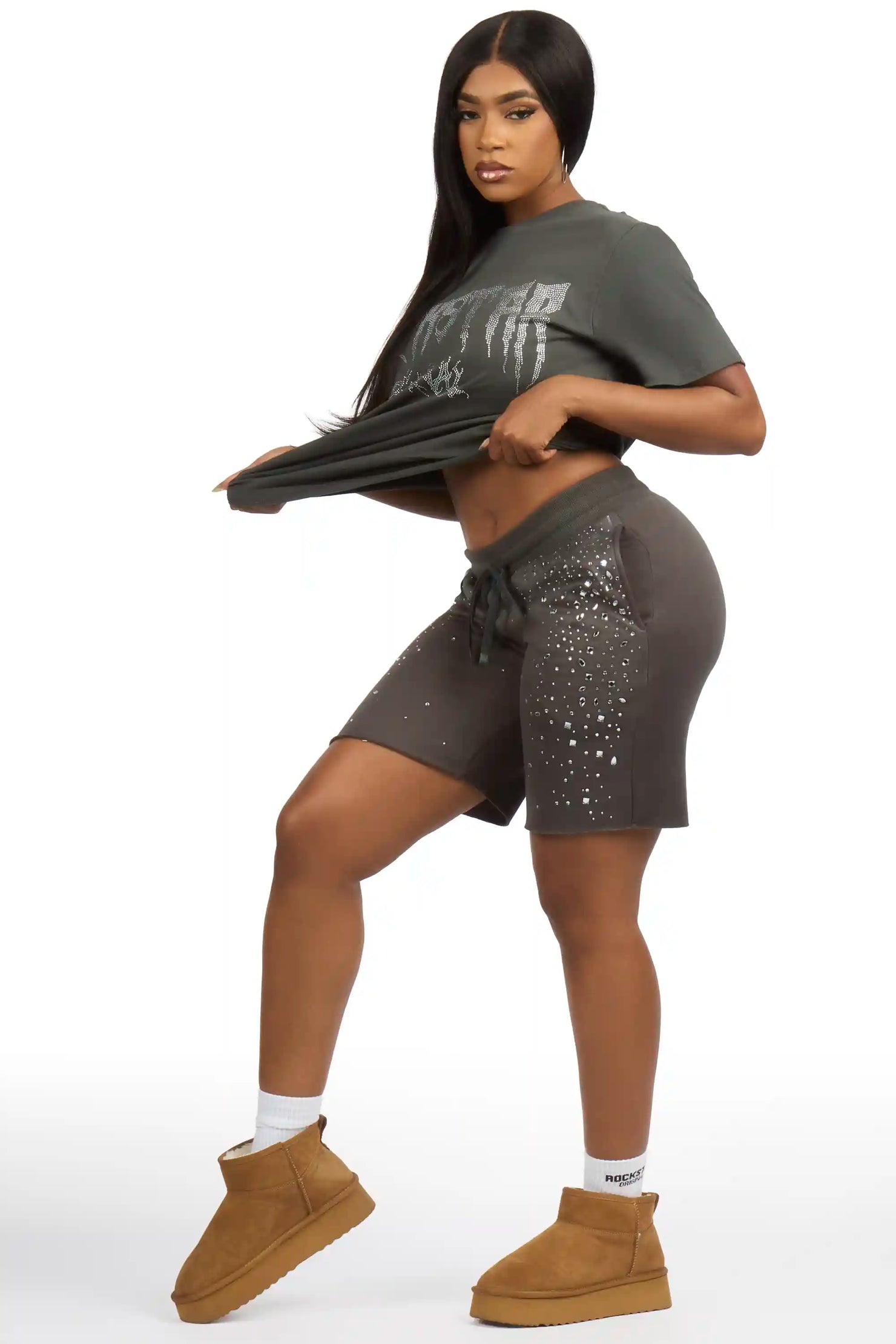 Porsha Charcoal Rhinestone T-Shirt Short Set