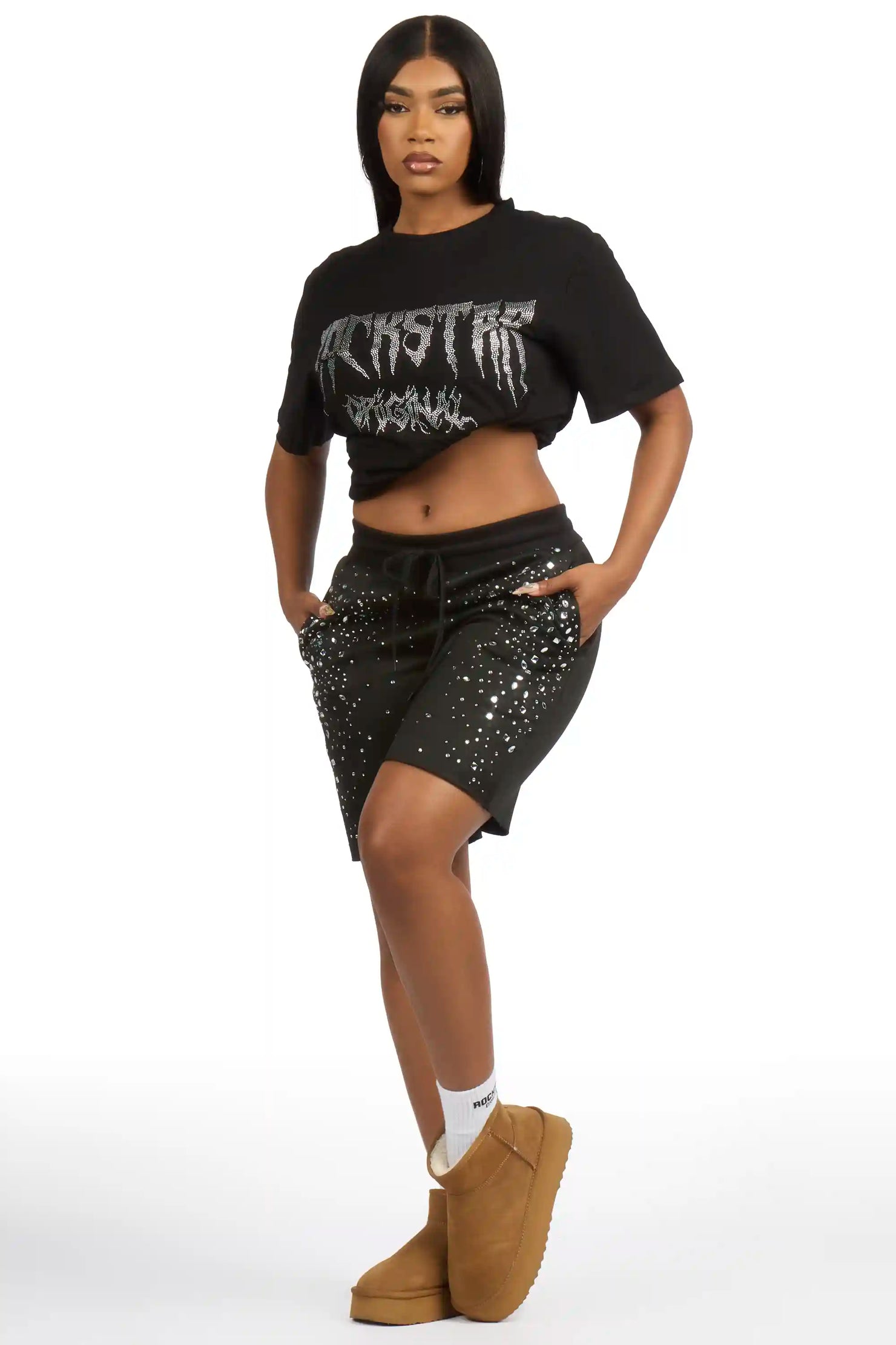 Porsha Black Rhinestone T-Shirt Short Set