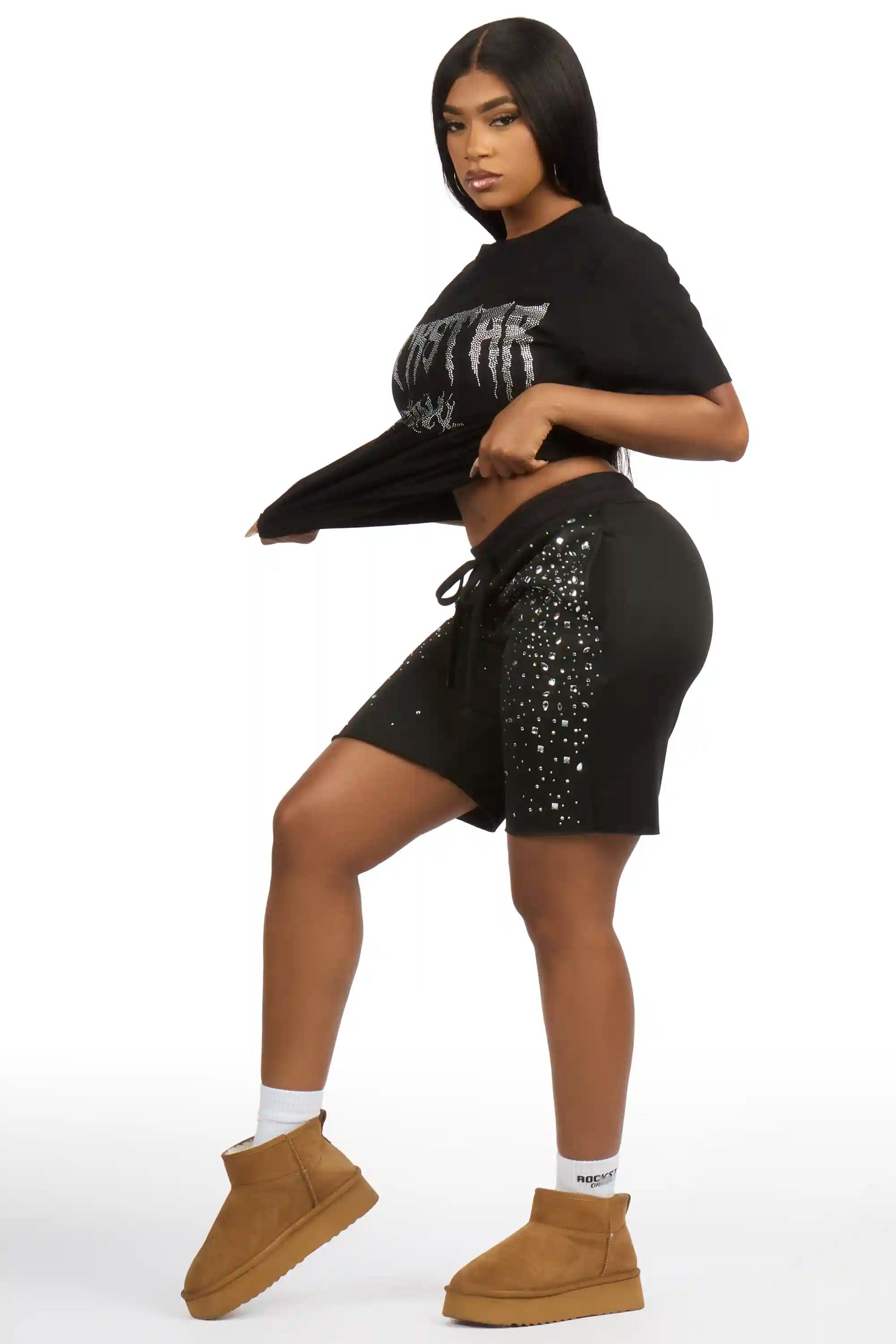 Porsha Black Rhinestone T-Shirt Short Set