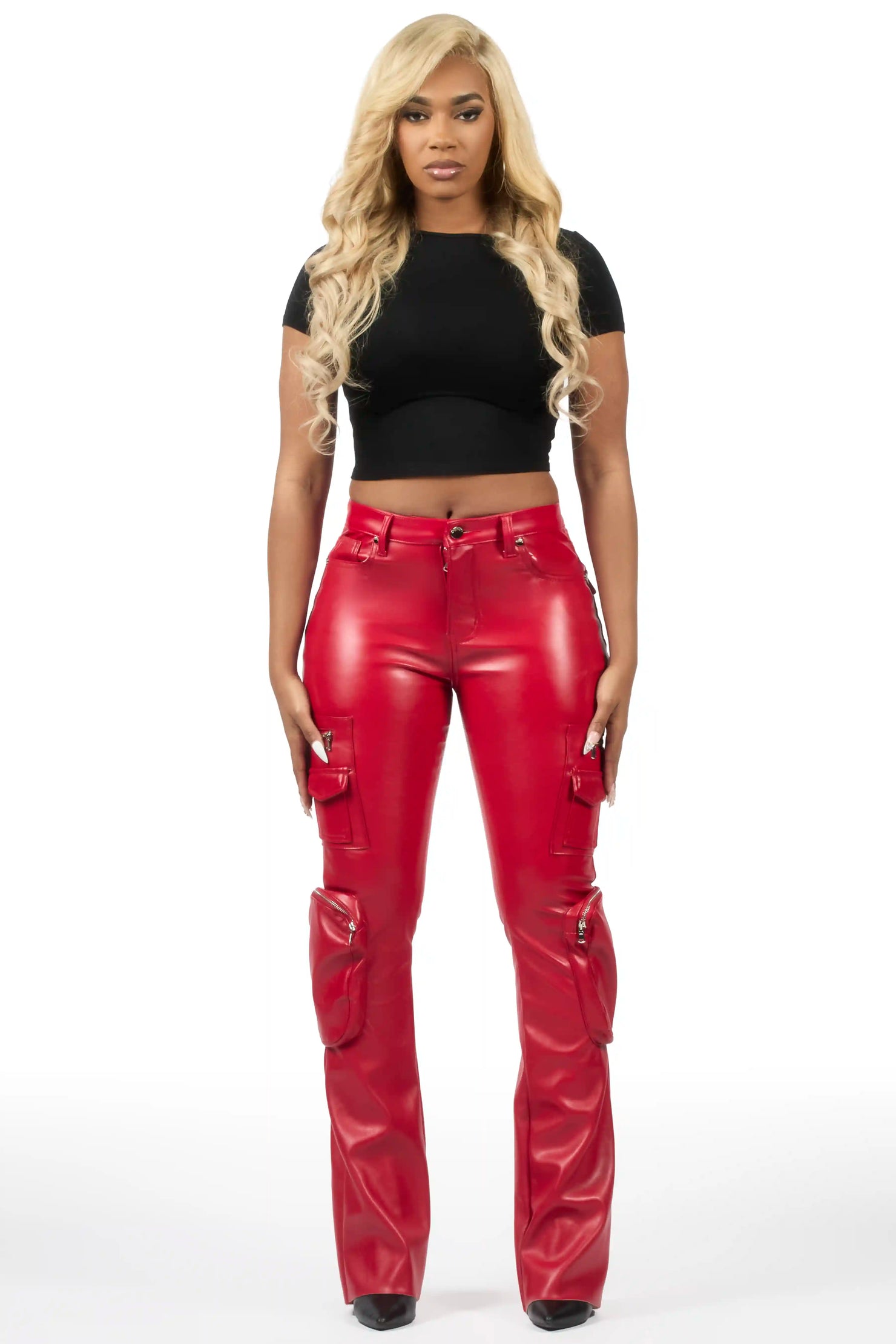 Luxola Red PU Cargo Stacked Flare Pant