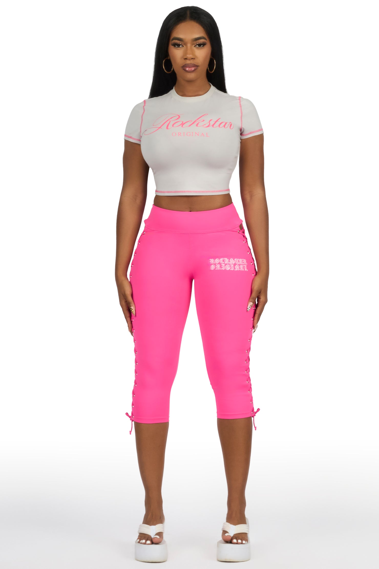 Rineshia Pink Lace Up Capri