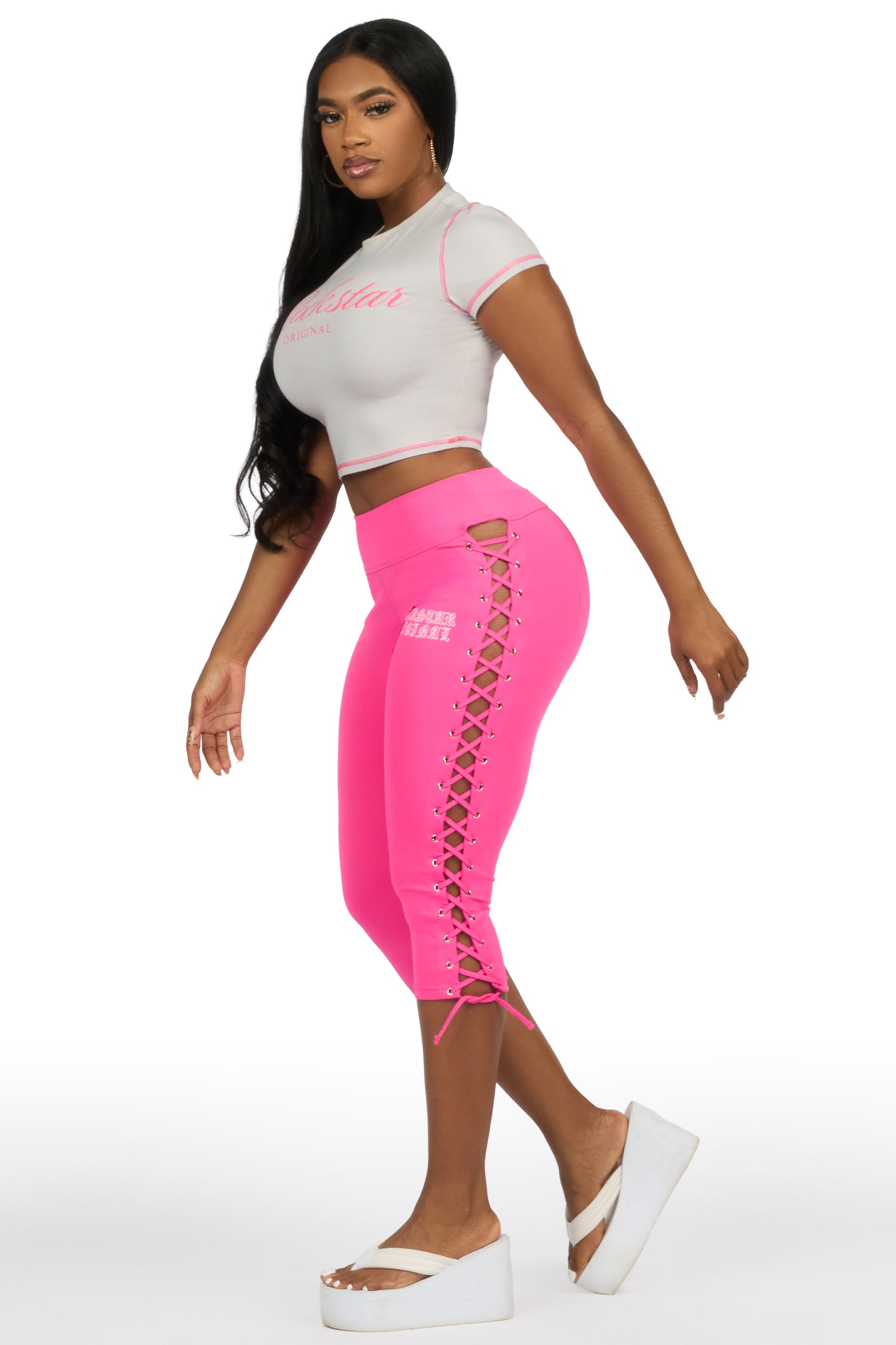 Rineshia Pink Lace Up Capri