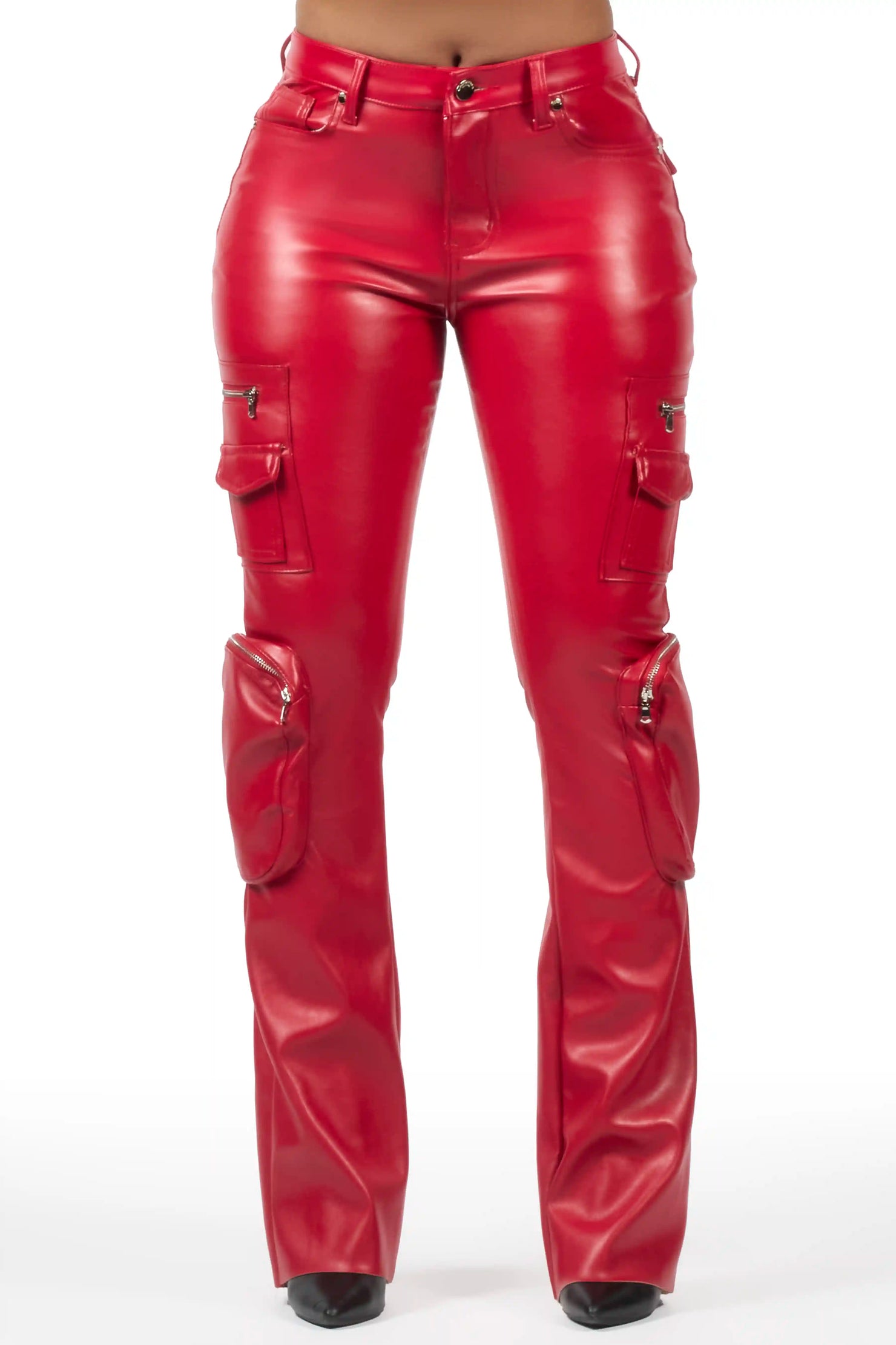 Luxola Red PU Cargo Stacked Flare Pant