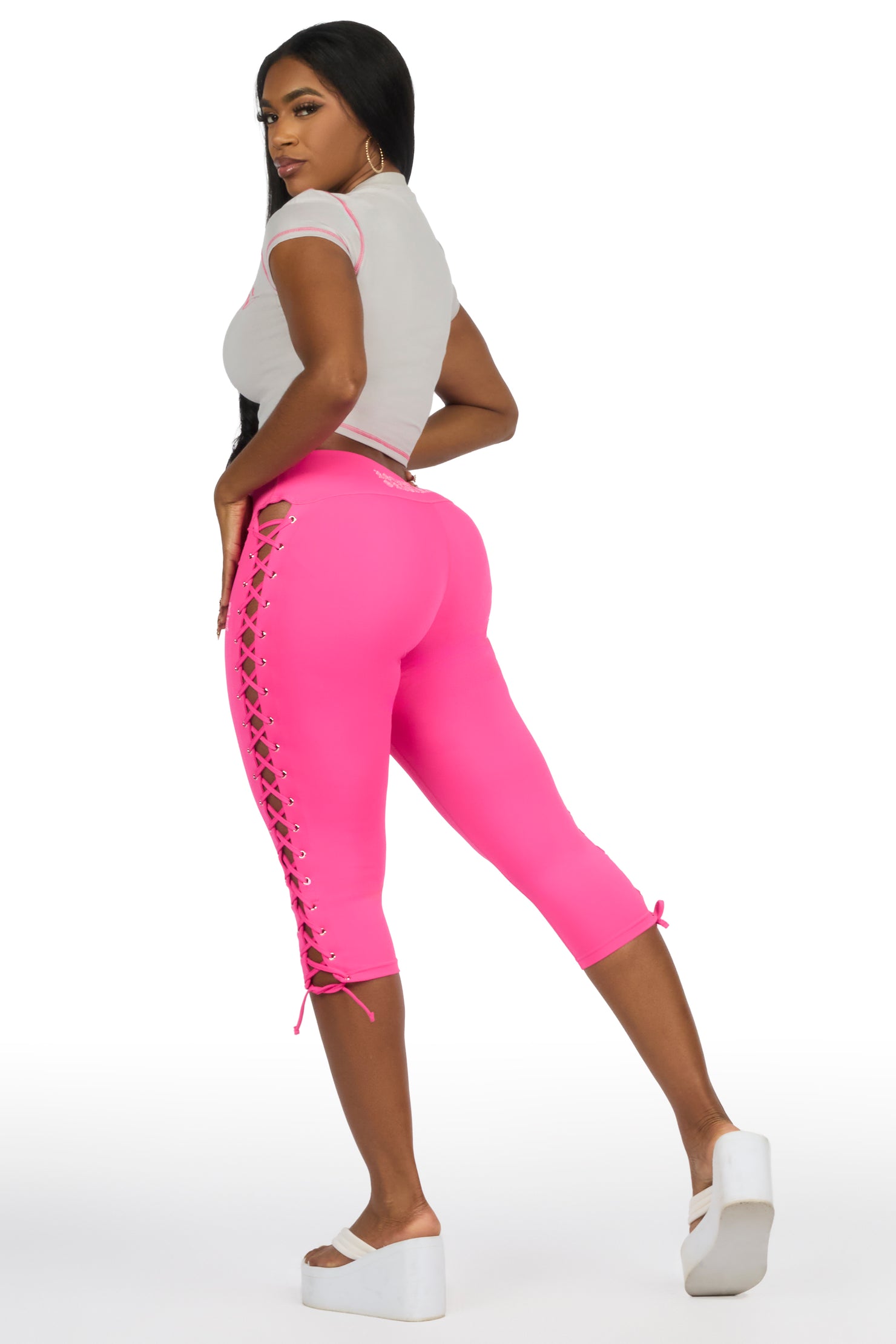 Rineshia Pink Lace Up Capri