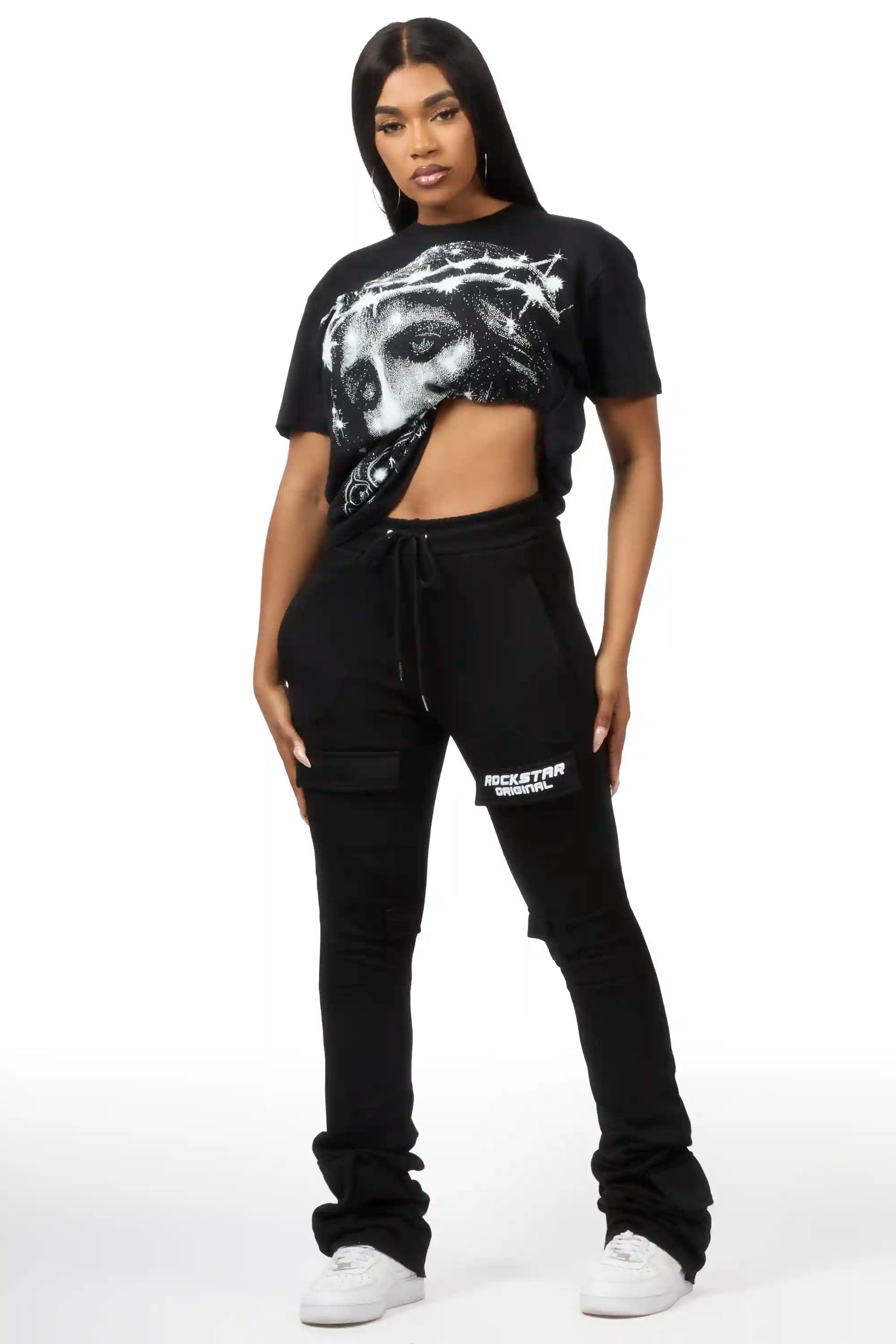 Starsha Black Cargo Stacked Track Pant