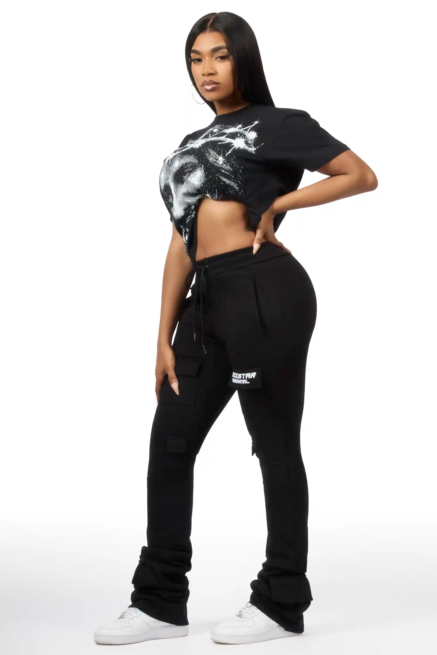 Starsha Black Cargo Stacked Track Pant