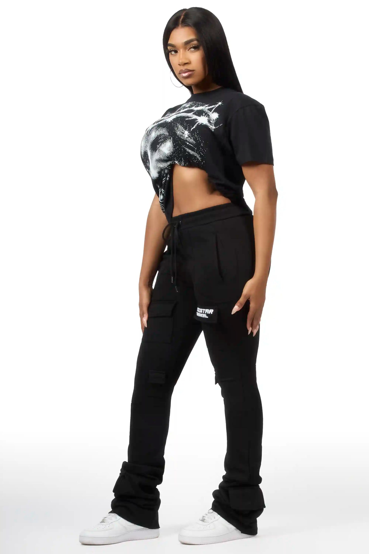 Starsha Black Cargo Stacked Track Pant