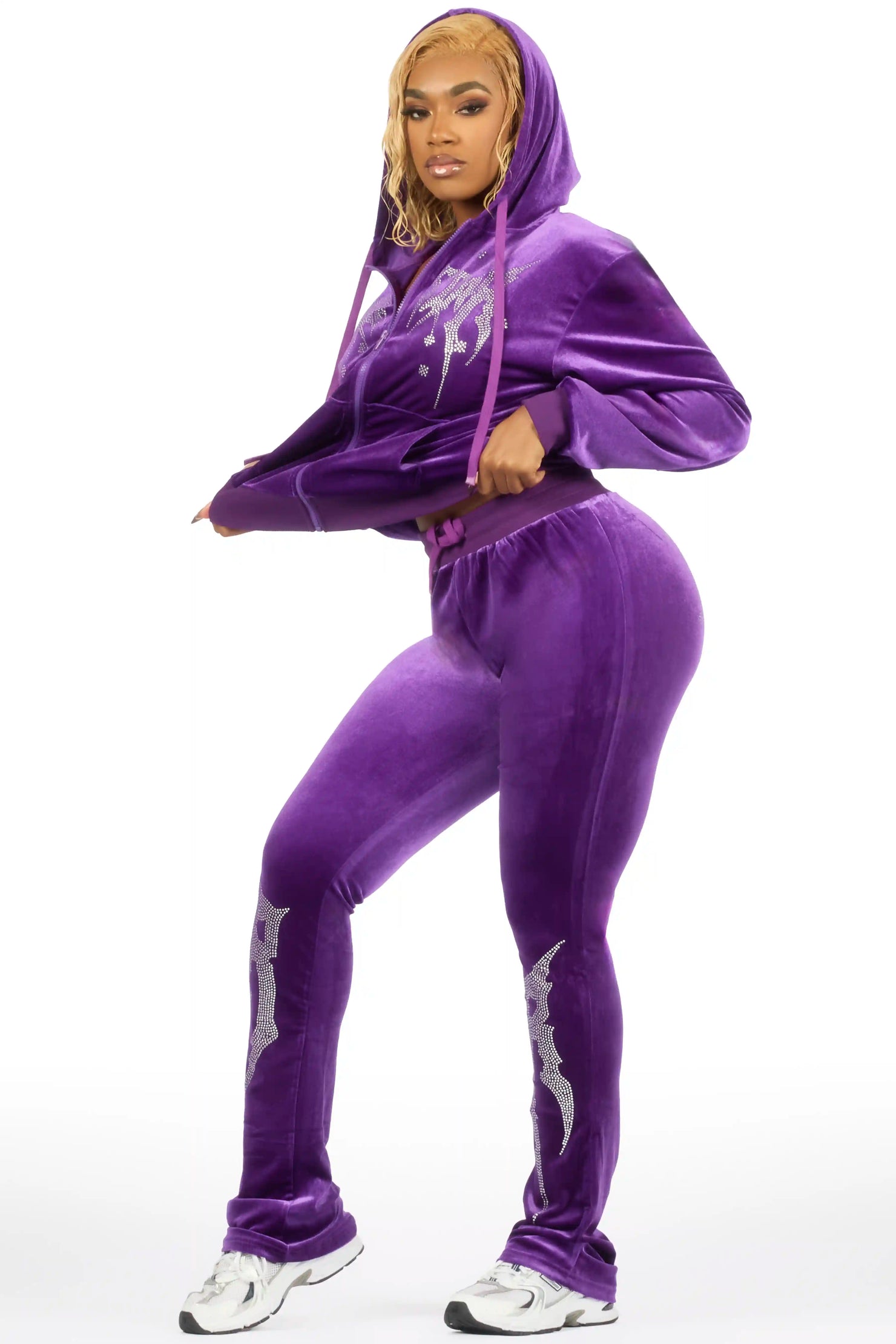 Deidre Purple Rhinestone Velour Stacked Track Set