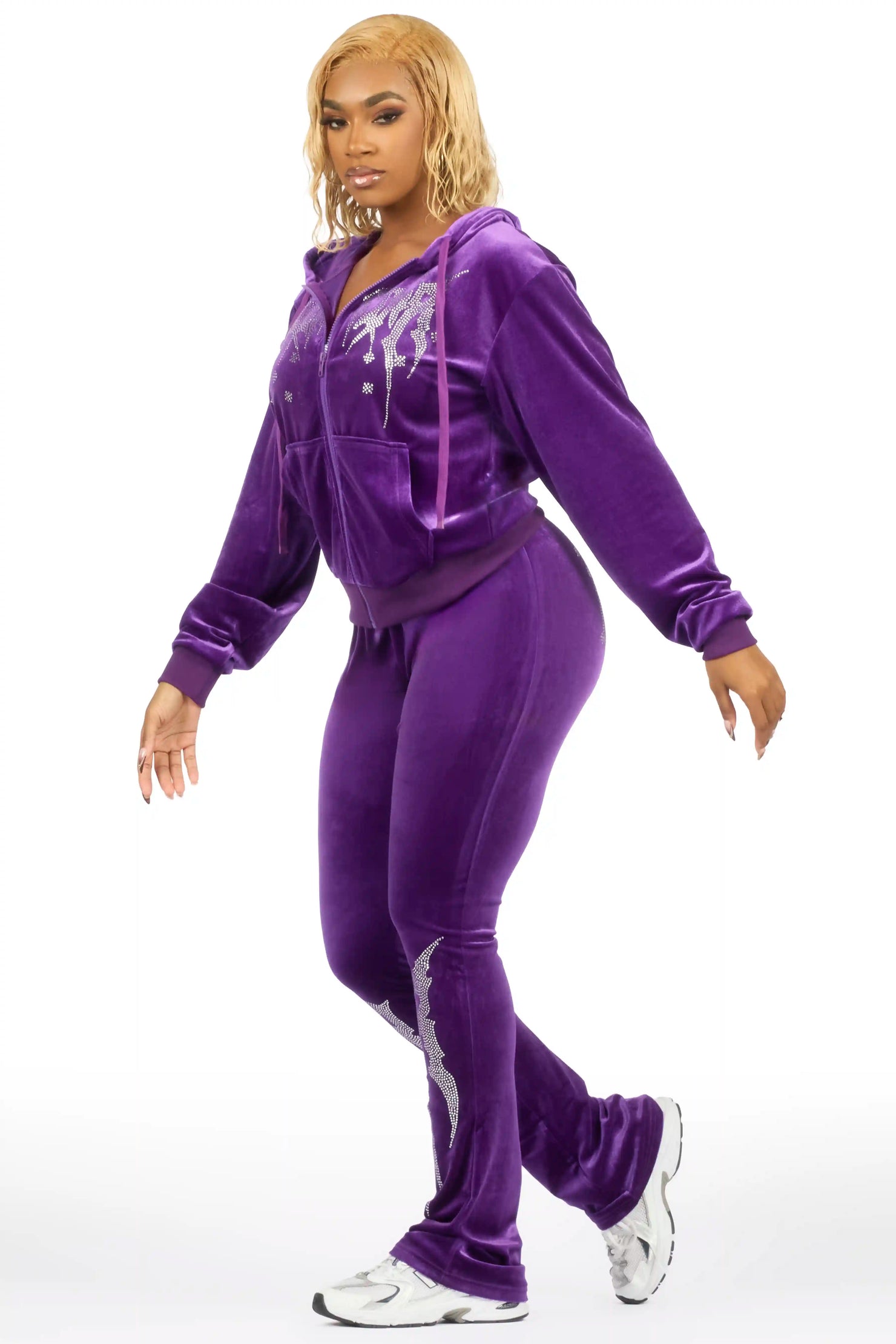 Deidre Purple Rhinestone Velour Stacked Track Set