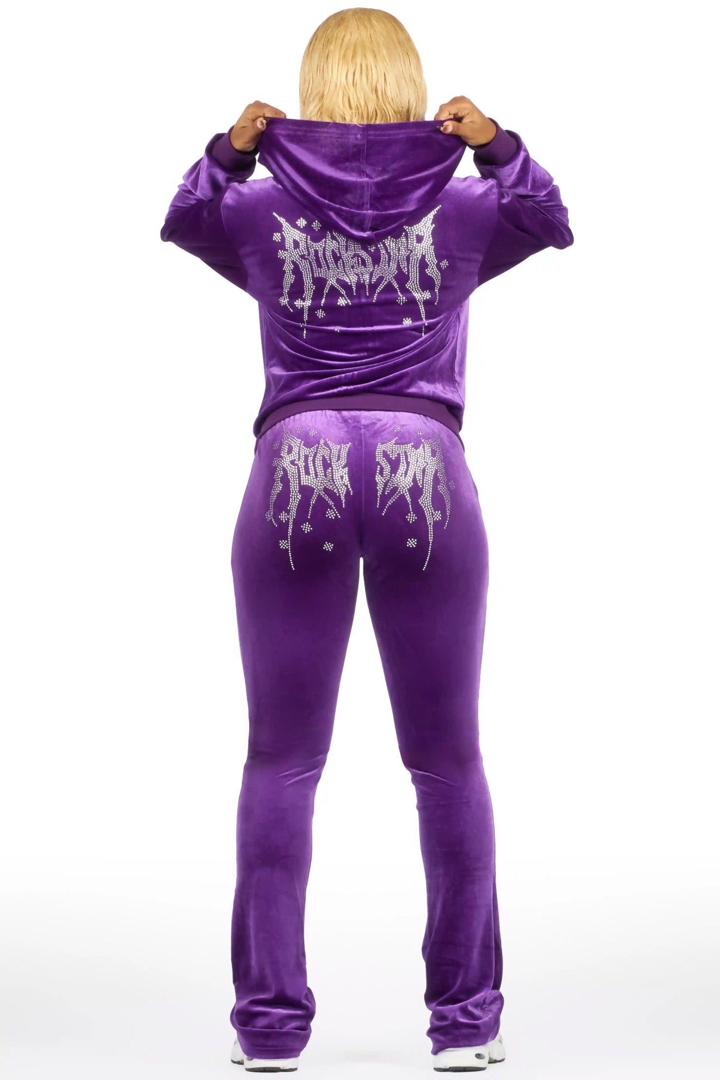 Deidre Purple Rhinestone Velour Stacked Track Set