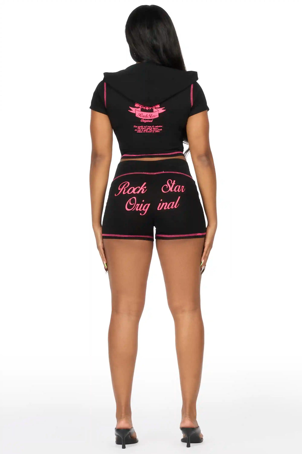 Desmine Black Short Sleeve Zip Up Short Set