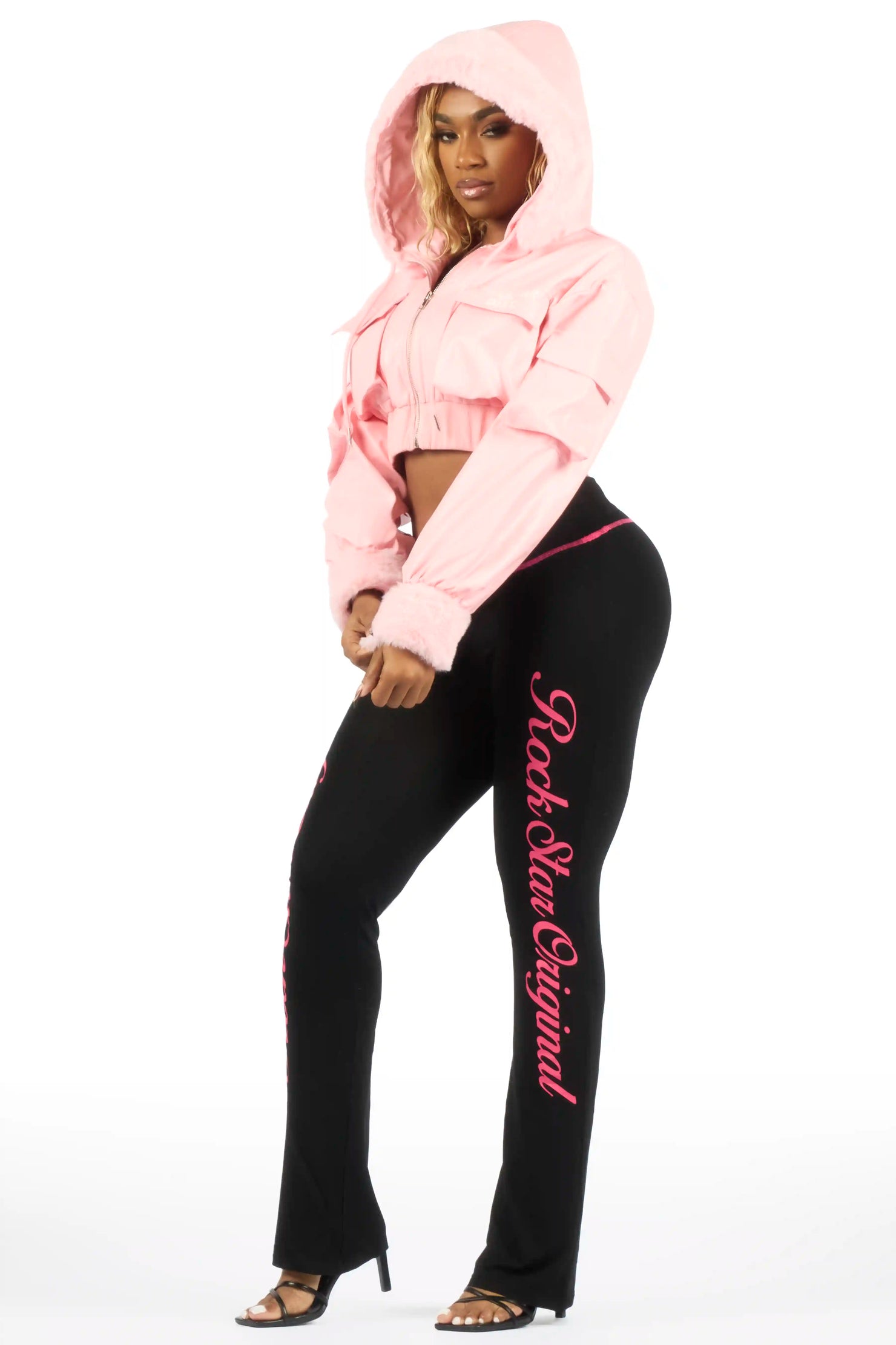 Amyia Pink PU Jacket With Fur Hood