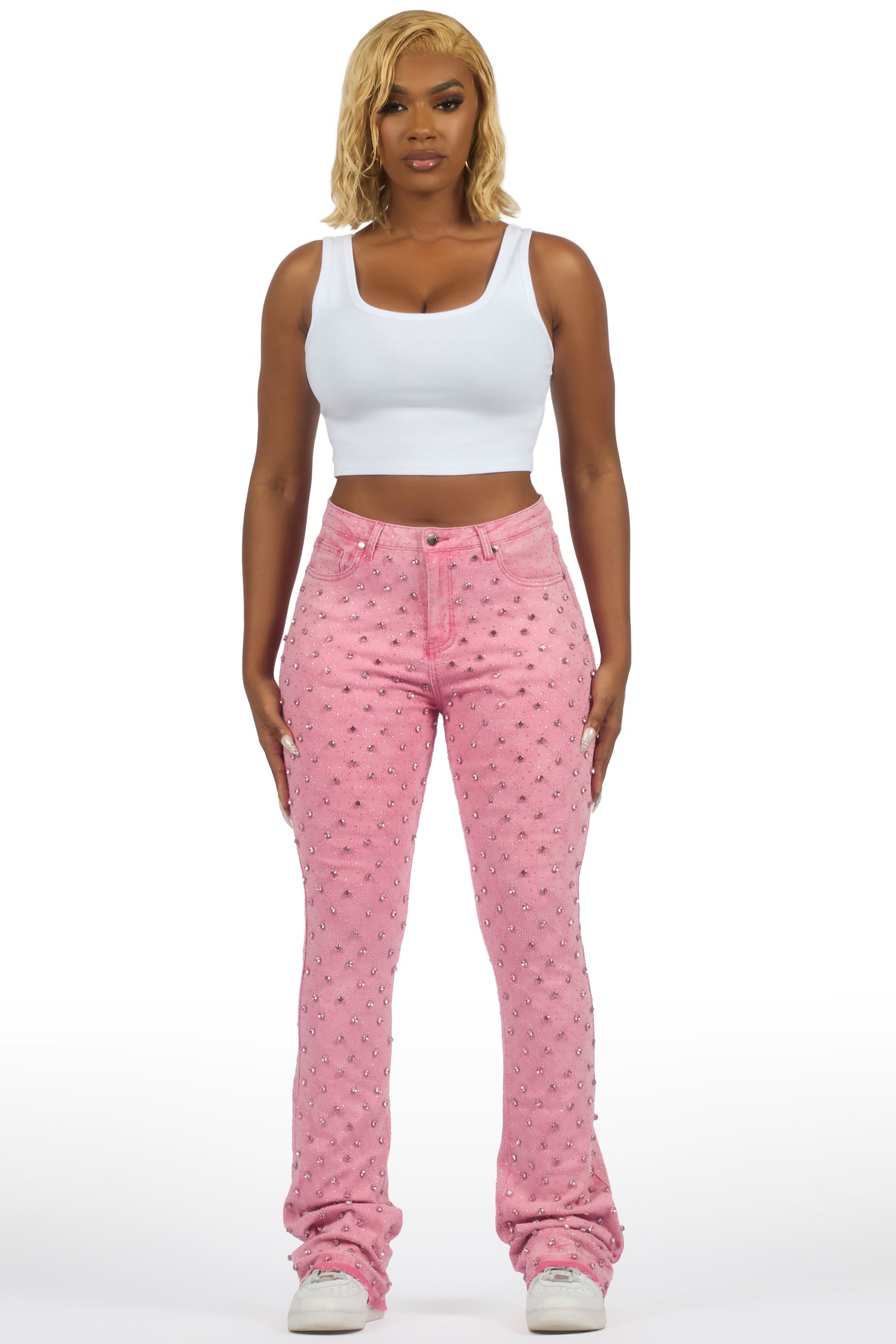Sareka Pink Rhinestone Stacked Flare Jean