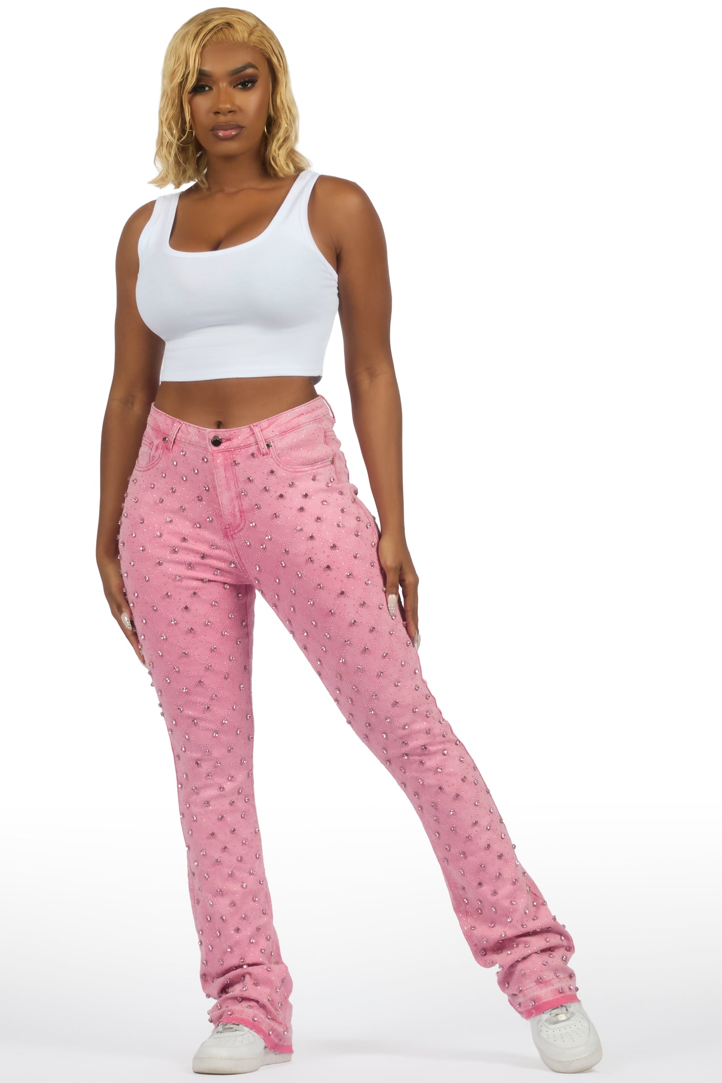 Sareka Pink Rhinestone Stacked Flare Jean