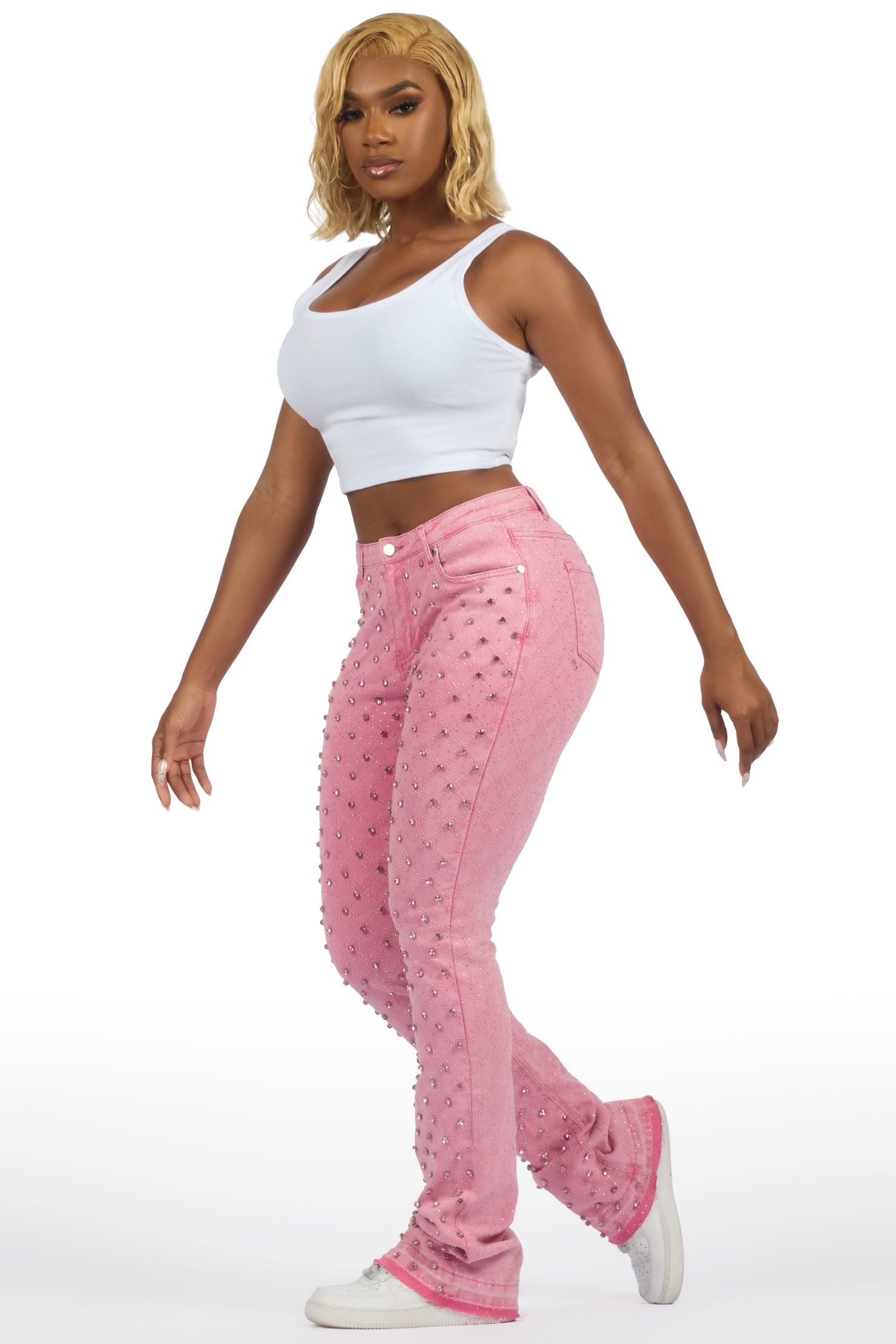 Sareka Pink Rhinestone Stacked Flare Jean