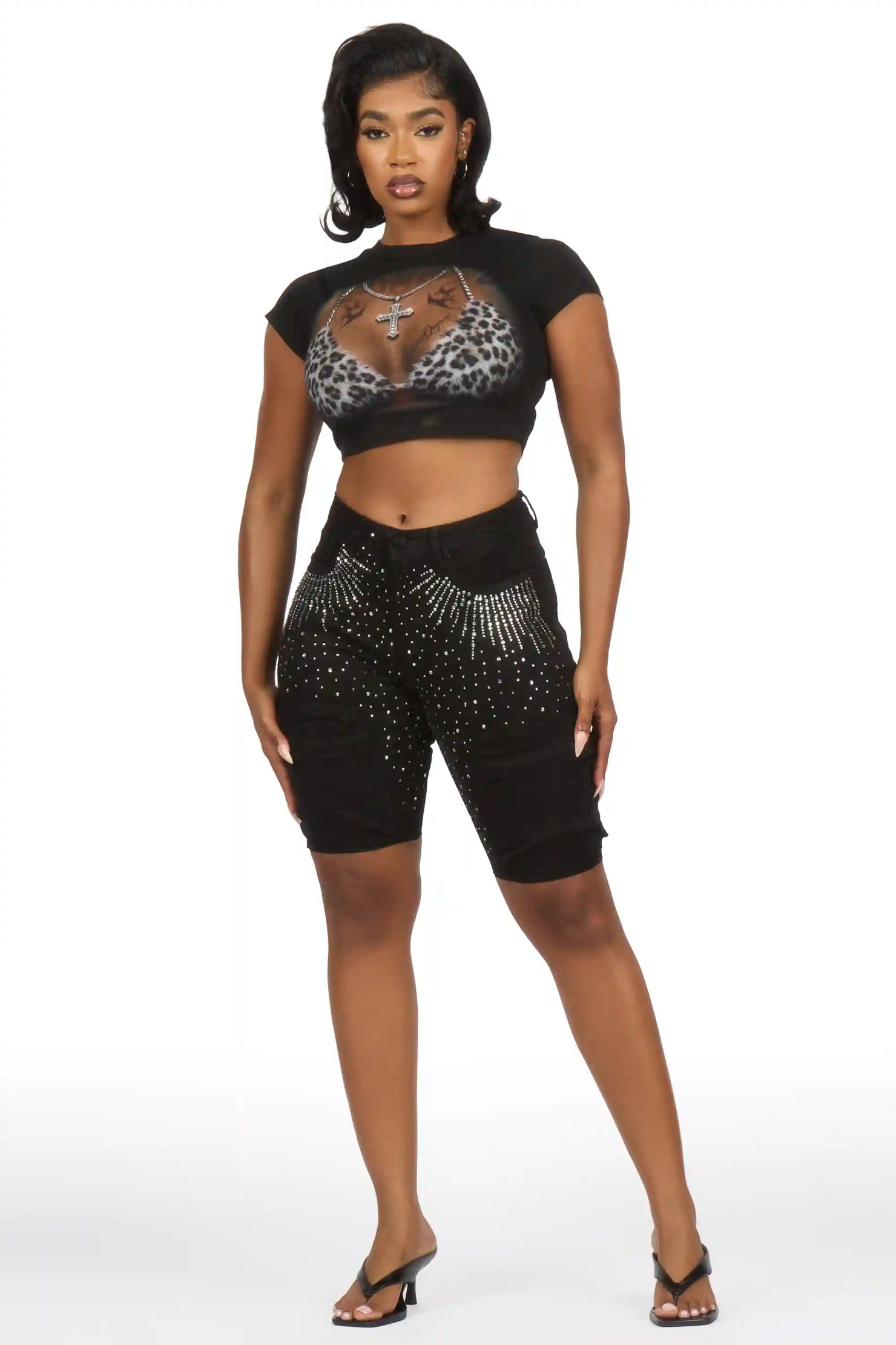 Noddia Black Rhinestone Bermuda Short