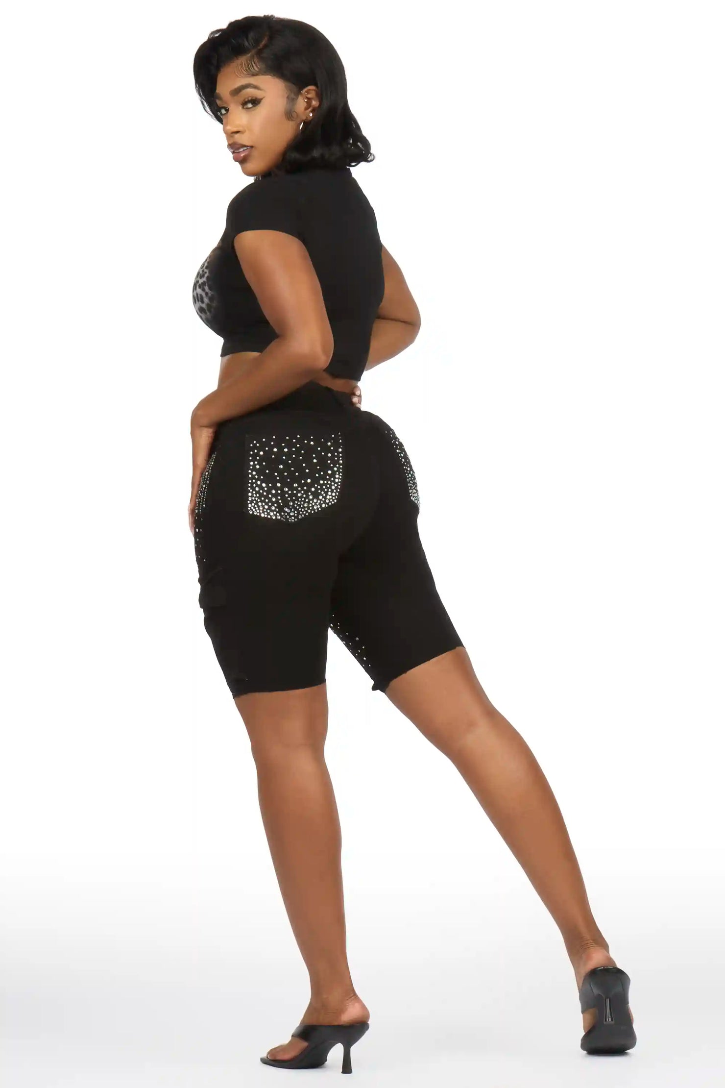 Noddia Black Rhinestone Bermuda Short